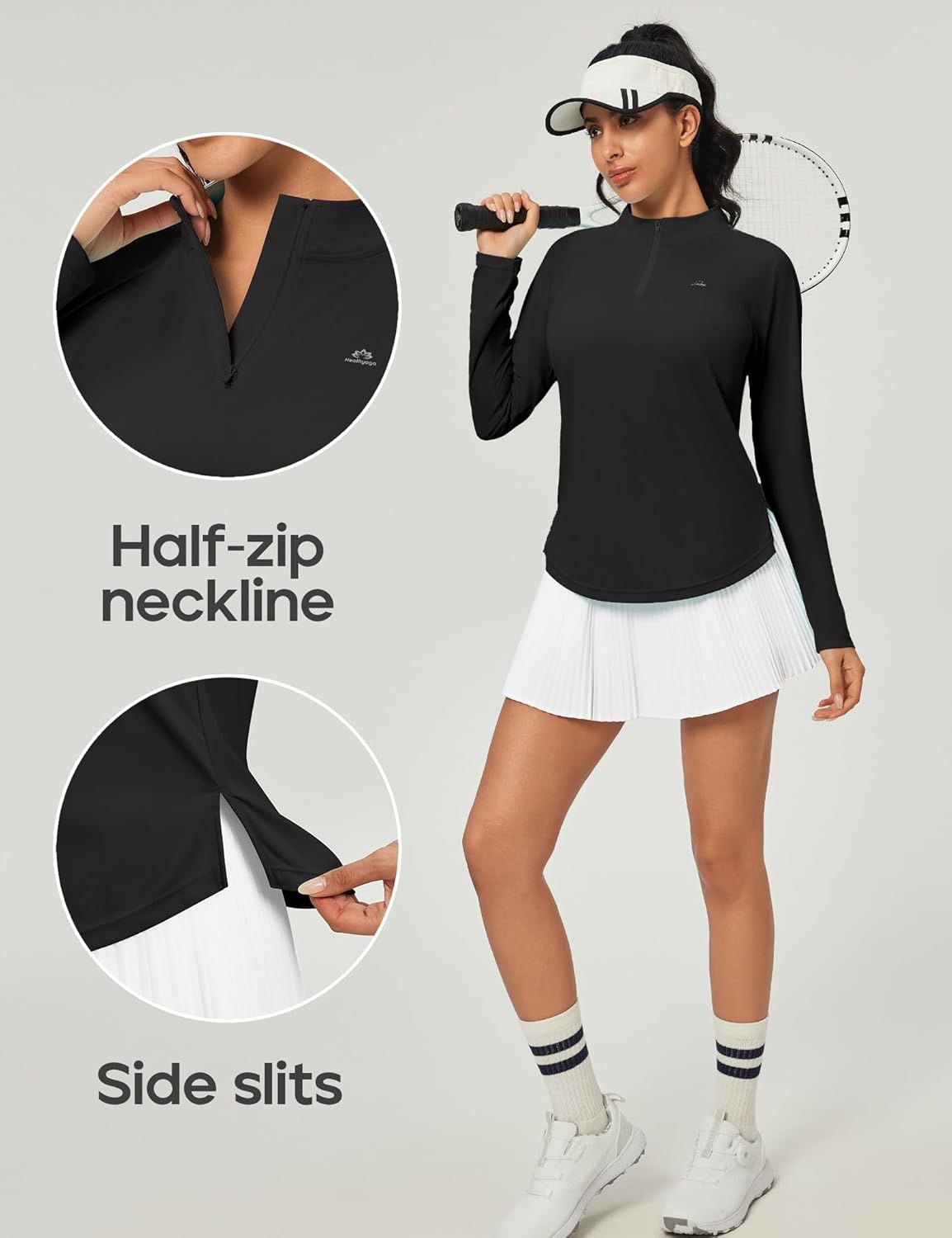 image:imageHeathyoga Long Sleeve Workout Tops for Women Golf Shirt UPF 50 Swim Shirts for Woman UV Sun Protection Quarter Zip PulloverBlack