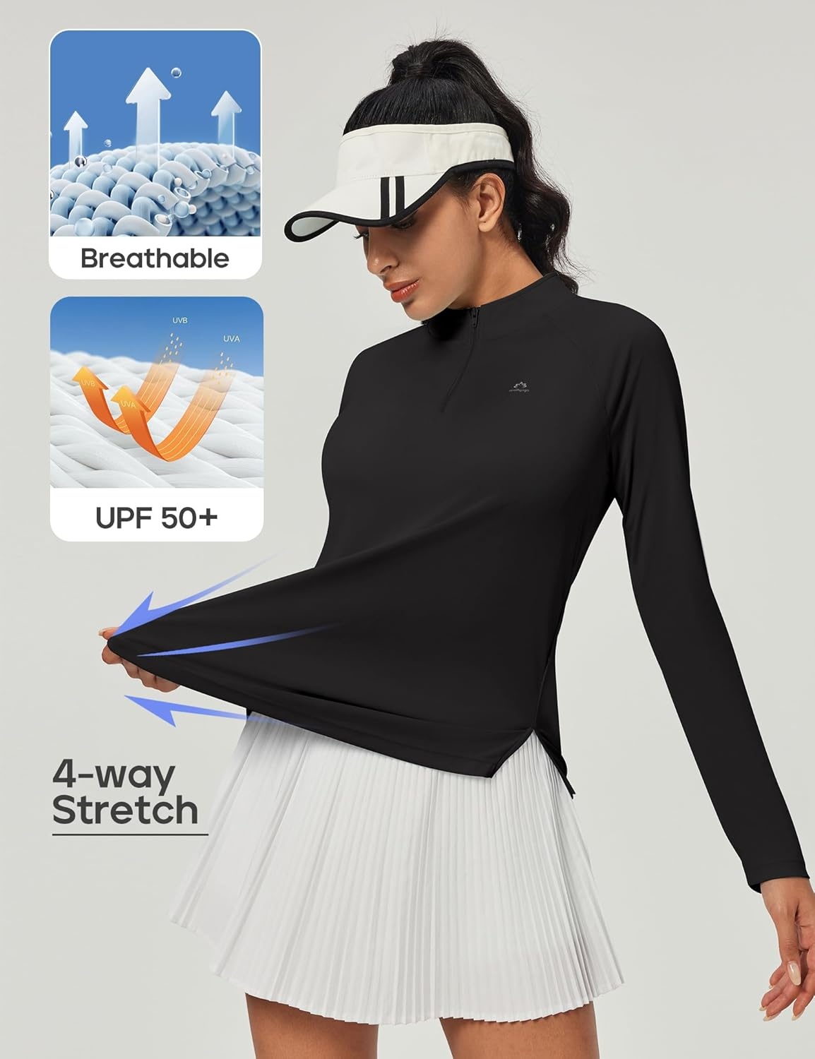 image:imageHeathyoga Long Sleeve Workout Tops for Women Golf Shirt UPF 50 Swim Shirts for Woman UV Sun Protection Quarter Zip PulloverBlack