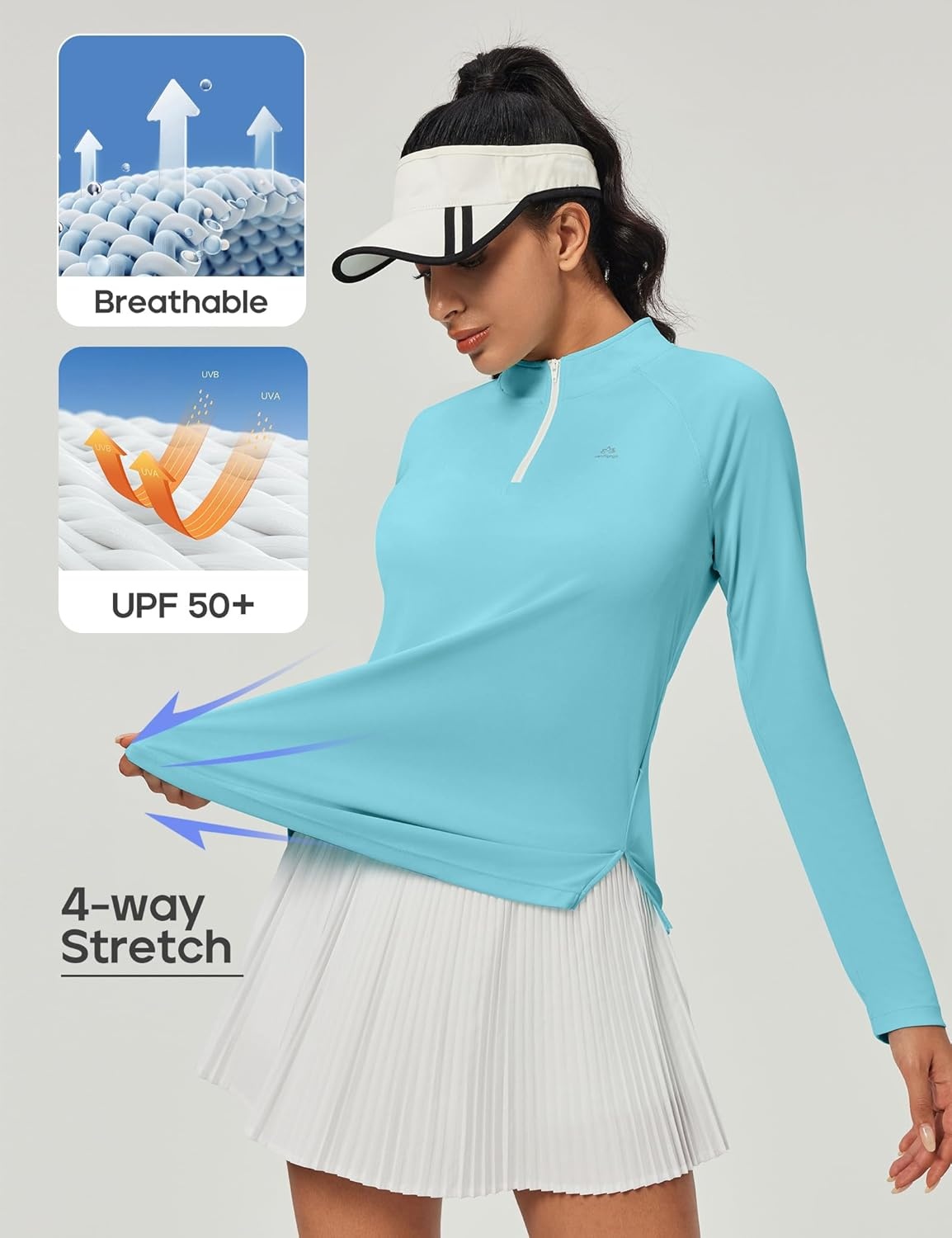 image:imageHeathyoga Long Sleeve Workout Tops for Women Golf Shirt UPF 50 Swim Shirts for Woman UV Sun Protection Quarter Zip PulloverLight Blue