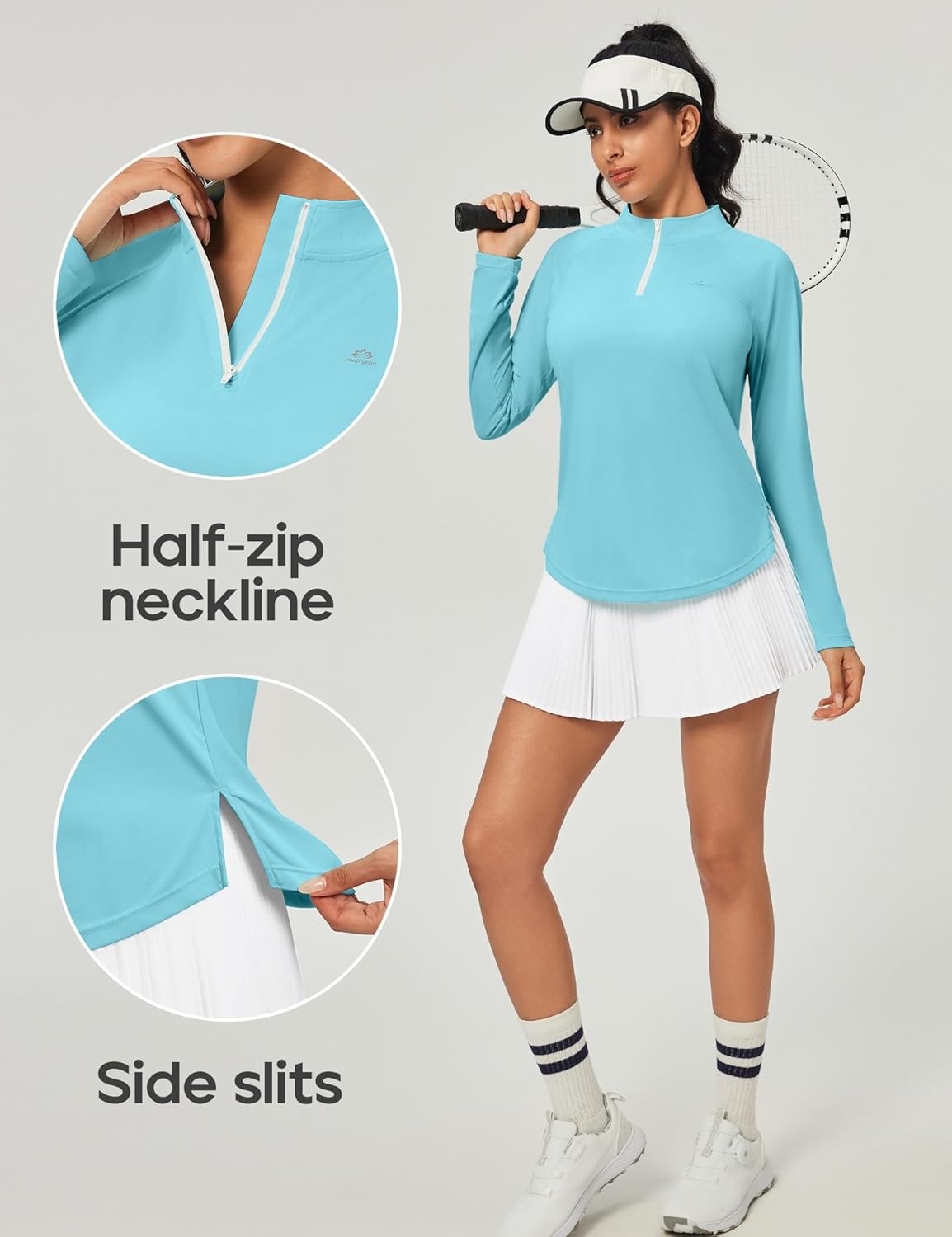 image:imageHeathyoga Long Sleeve Workout Tops for Women Golf Shirt UPF 50 Swim Shirts for Woman UV Sun Protection Quarter Zip PulloverLight Blue
