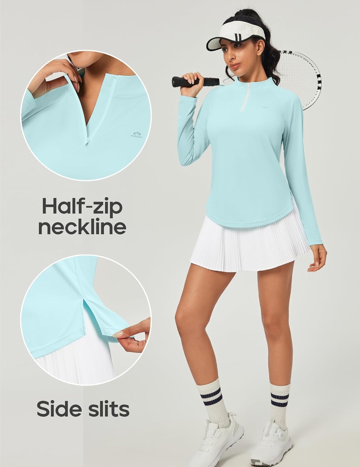 image:imageHeathyoga Long Sleeve Workout Tops for Women Golf Shirt UPF 50 Swim Shirts for Woman UV Sun Protection Quarter Zip PulloverMint Green