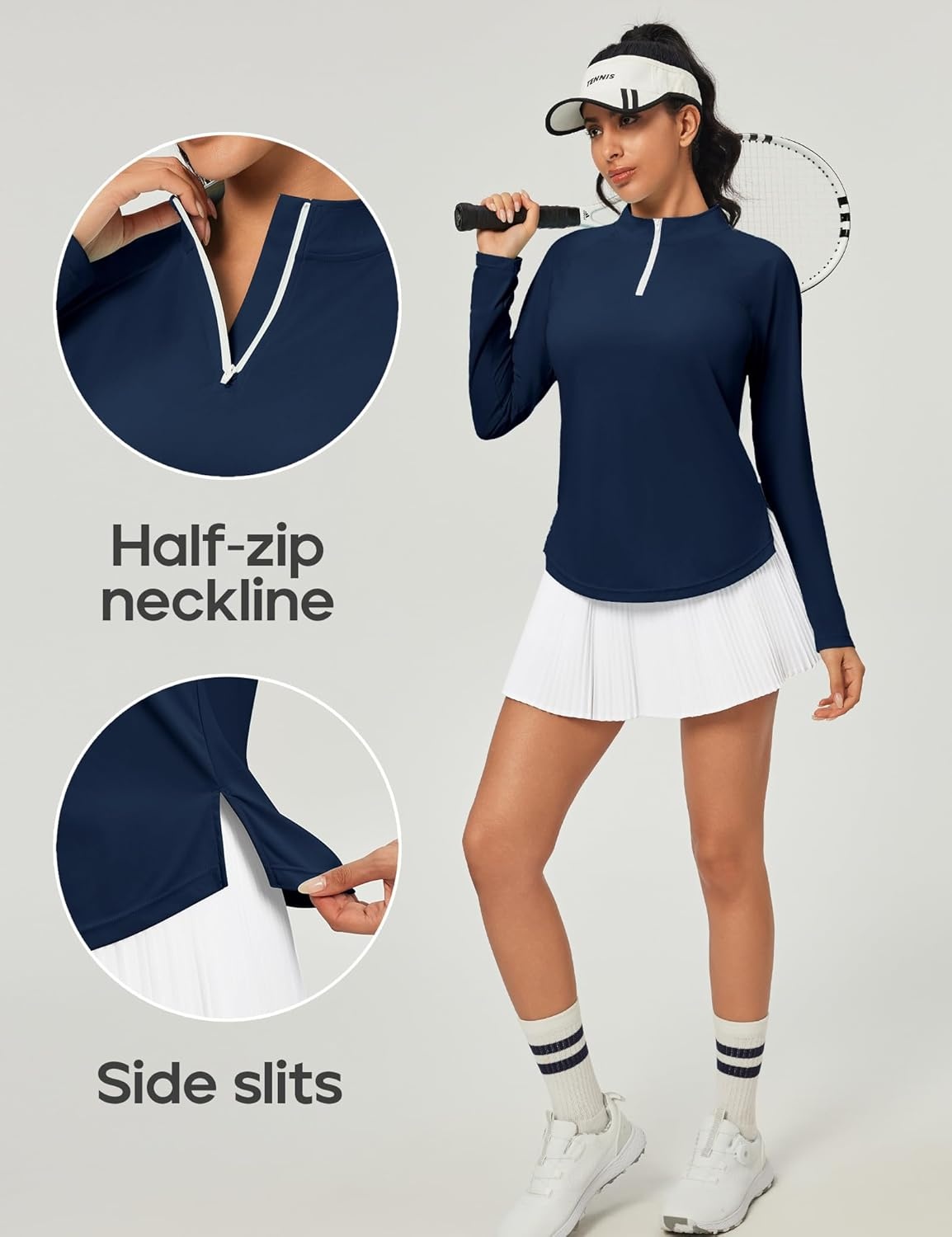image:imageHeathyoga Long Sleeve Workout Tops for Women Golf Shirt UPF 50 Swim Shirts for Woman UV Sun Protection Quarter Zip PulloverNavy Blue