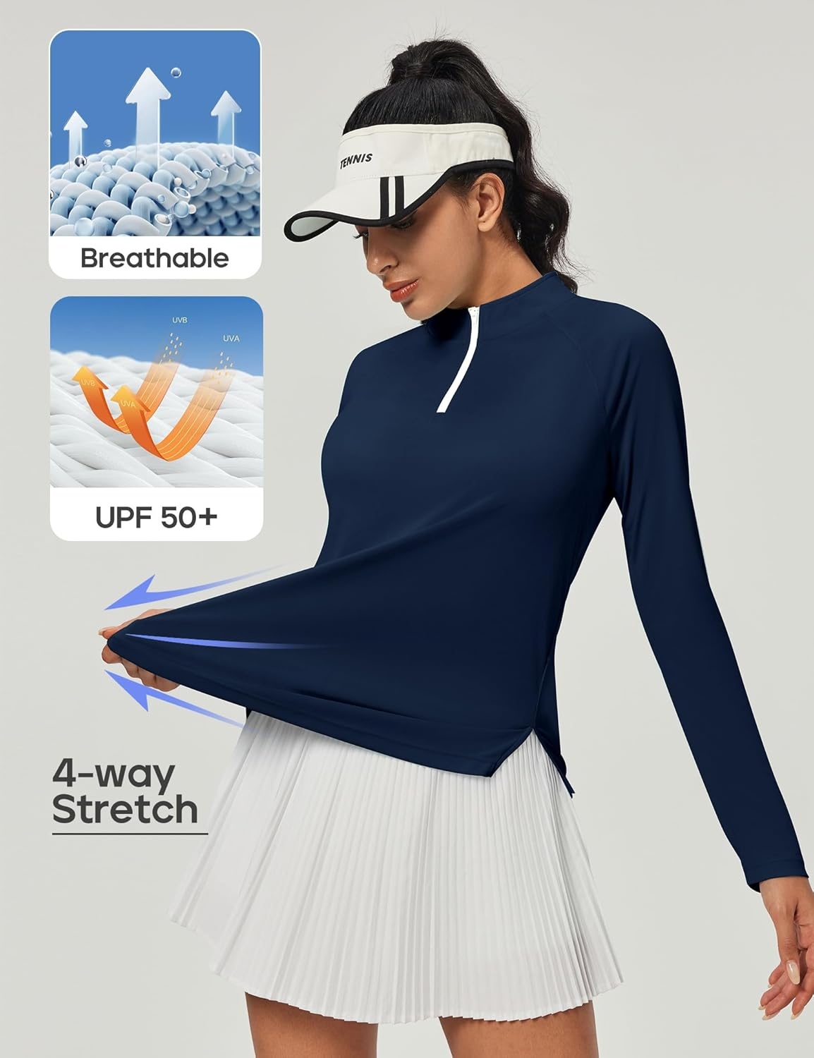 image:imageHeathyoga Long Sleeve Workout Tops for Women Golf Shirt UPF 50 Swim Shirts for Woman UV Sun Protection Quarter Zip PulloverNavy Blue