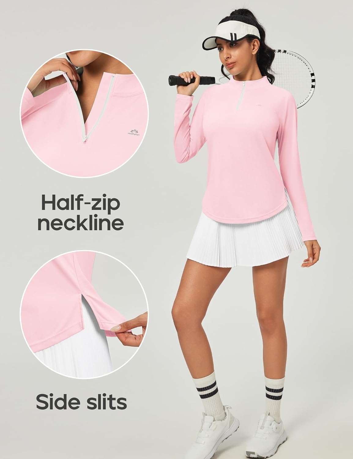 image:imageHeathyoga Long Sleeve Workout Tops for Women Golf Shirt UPF 50 Swim Shirts for Woman UV Sun Protection Quarter Zip PulloverPink