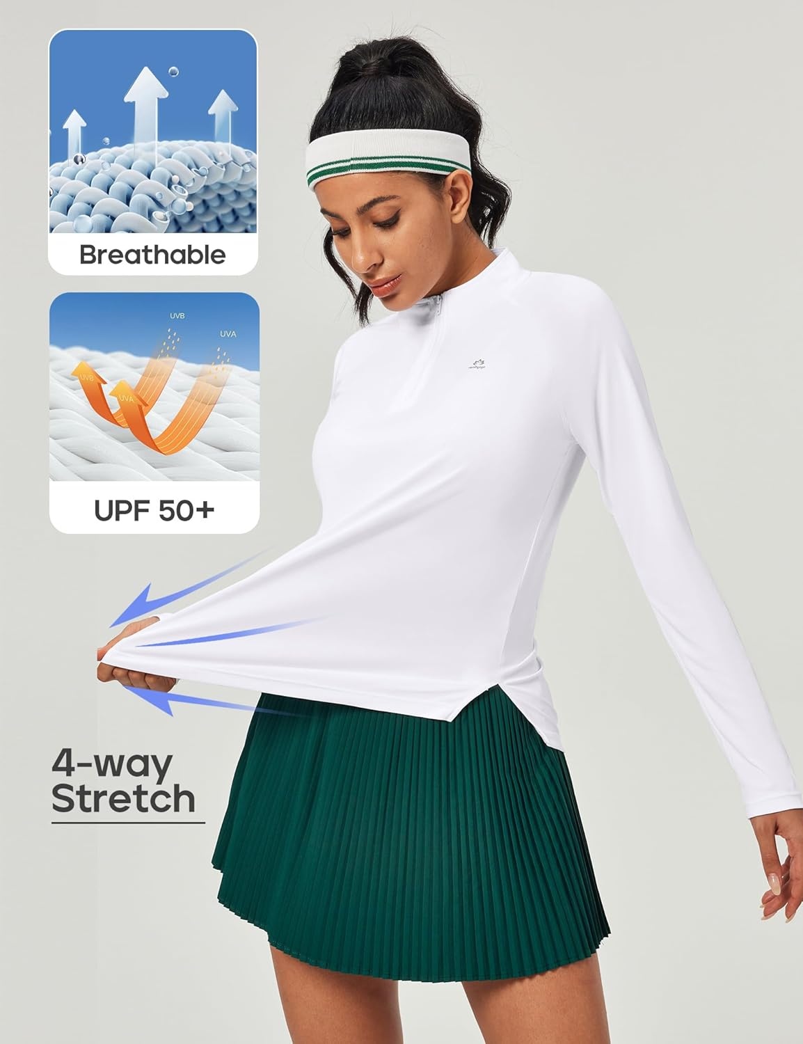 image:imageHeathyoga Long Sleeve Workout Tops for Women Golf Shirt UPF 50 Swim Shirts for Woman UV Sun Protection Quarter Zip PulloverWhite