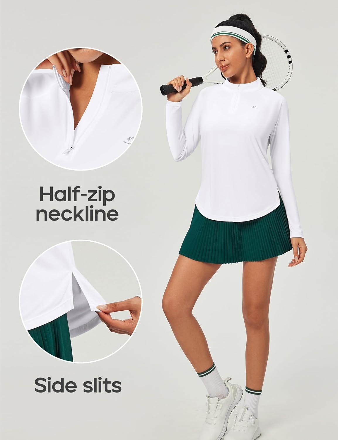 image:imageHeathyoga Long Sleeve Workout Tops for Women Golf Shirt UPF 50 Swim Shirts for Woman UV Sun Protection Quarter Zip PulloverWhite