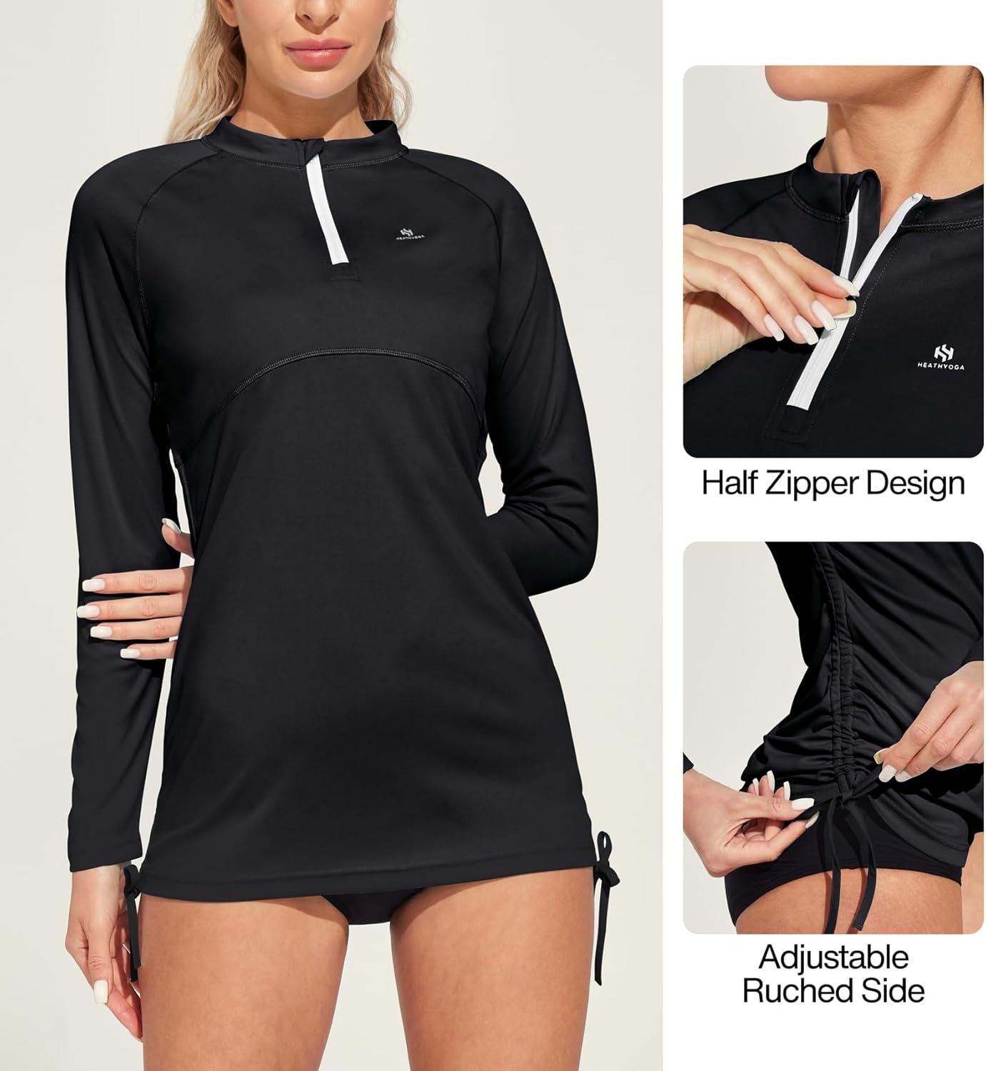 image:imageHeathyoga Rash Guard for Women UPF 50 UV Sun Protection Swim Shirt for Woman Long Sleeve Swimsuits Bathing Suit TopsBlack