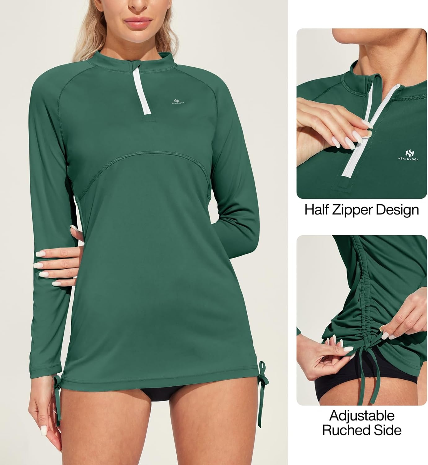 image:imageHeathyoga Rash Guard for Women UPF 50 UV Sun Protection Swim Shirt for Woman Long Sleeve Swimsuits Bathing Suit TopsDark Green