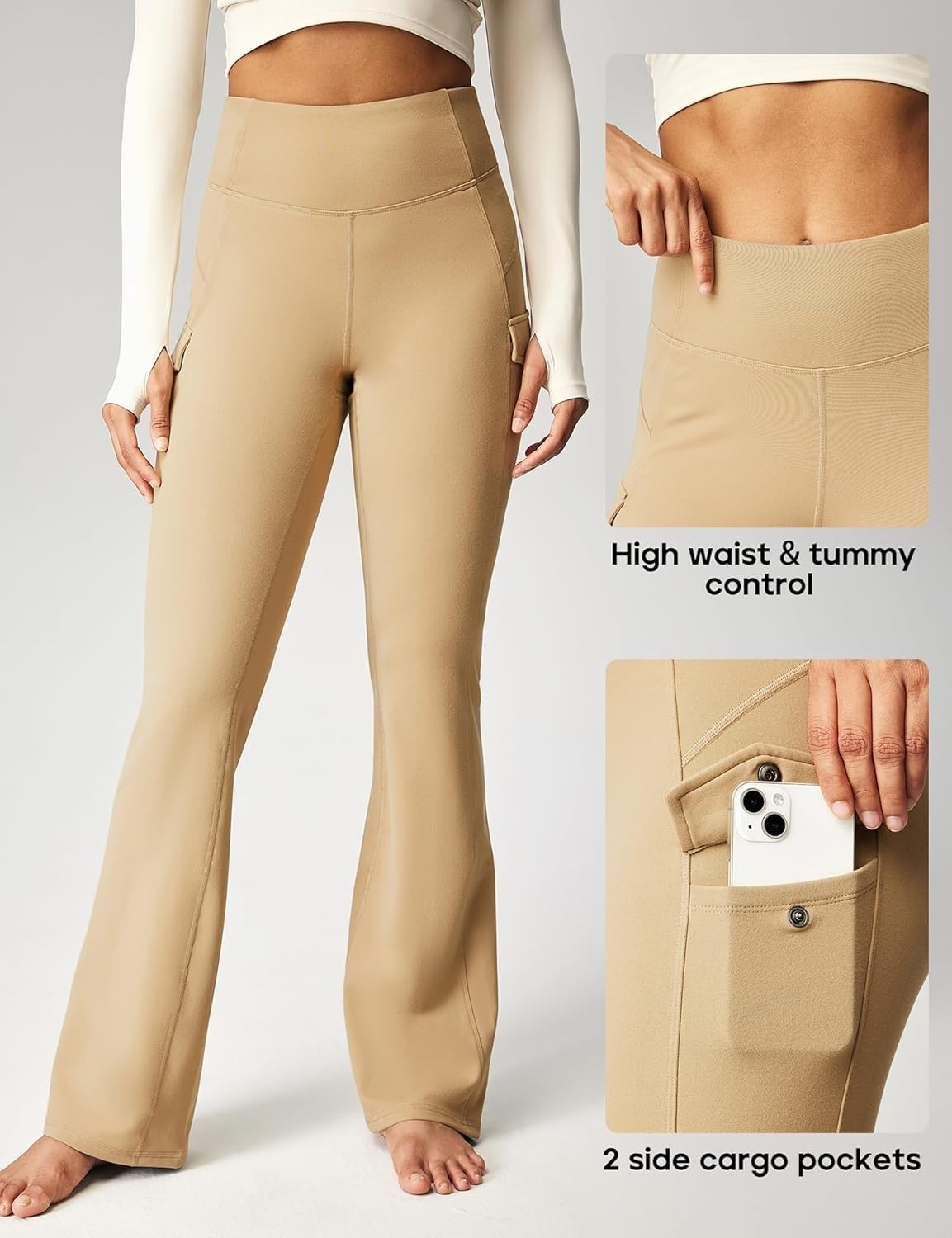 image:imageHeathyoga Cargo Pants Women Fleece Lined Leggings Waterproof Hiking Pants Women Thermal Pants Warm Wide Leg Sweatpants WinterKhaki