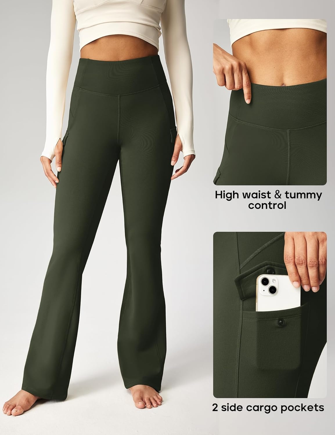 image:imageHeathyoga Cargo Pants Women Fleece Lined Leggings Waterproof Hiking Pants Women Thermal Pants Warm Wide Leg Sweatpants WinterLegend Green