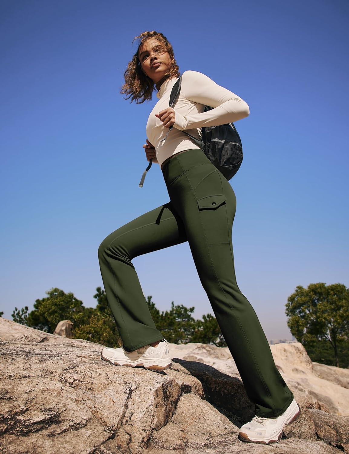 image:imageHeathyoga Cargo Pants Women Fleece Lined Leggings Waterproof Hiking Pants Women Thermal Pants Warm Wide Leg Sweatpants WinterLegend Green
