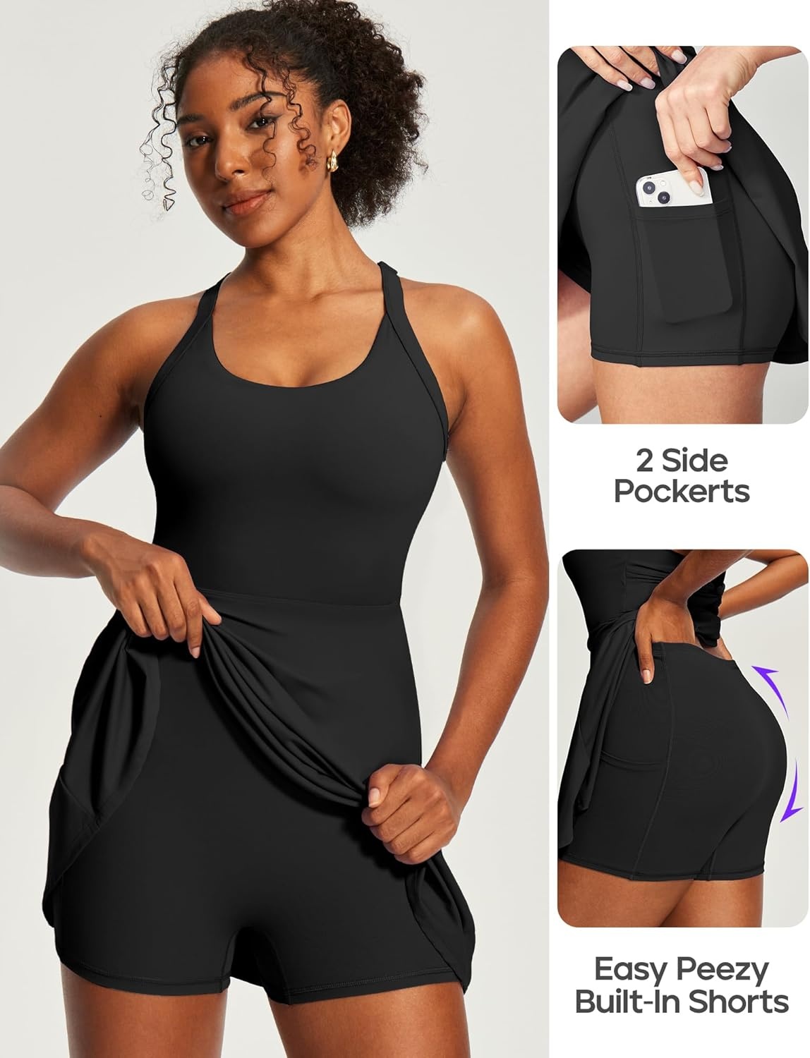 image:imageHeathyoga Easy Peasy Tennis Dresses for Women with Shorts Underneath and Bra Athletic Dress for Women Golf Workout DressEasy Peezy Black