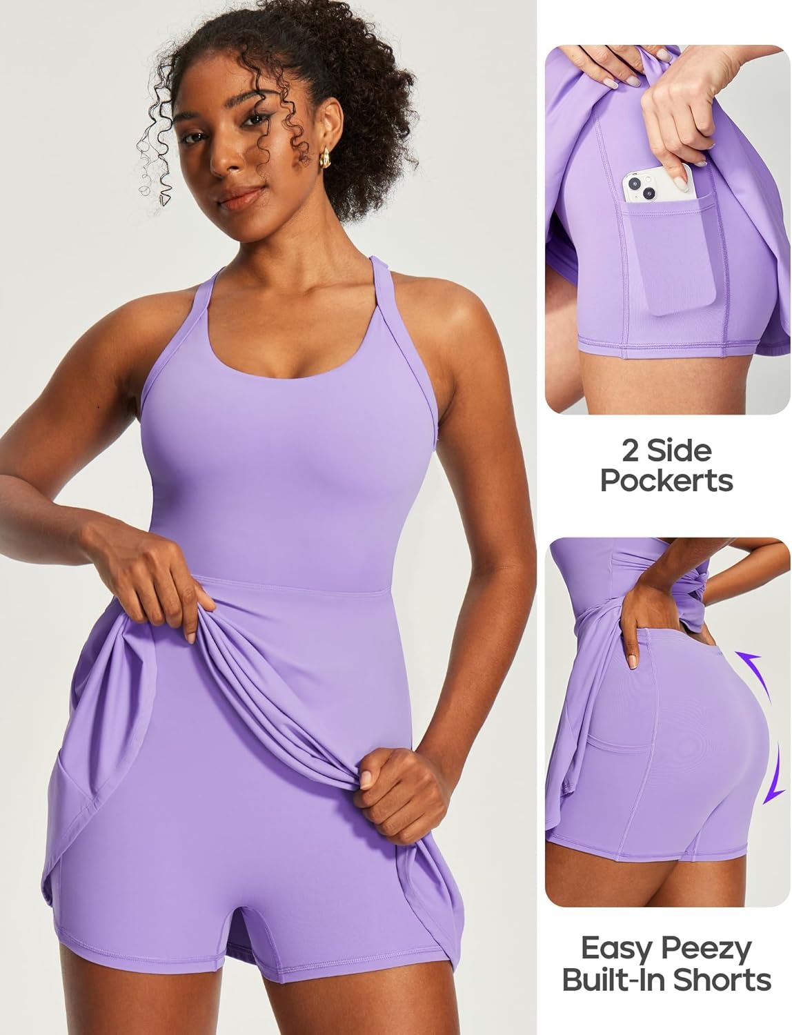 image:imageHeathyoga Easy Peasy Tennis Dresses for Women with Shorts Underneath and Bra Athletic Dress for Women Golf Workout DressEasy Peezy Lavender