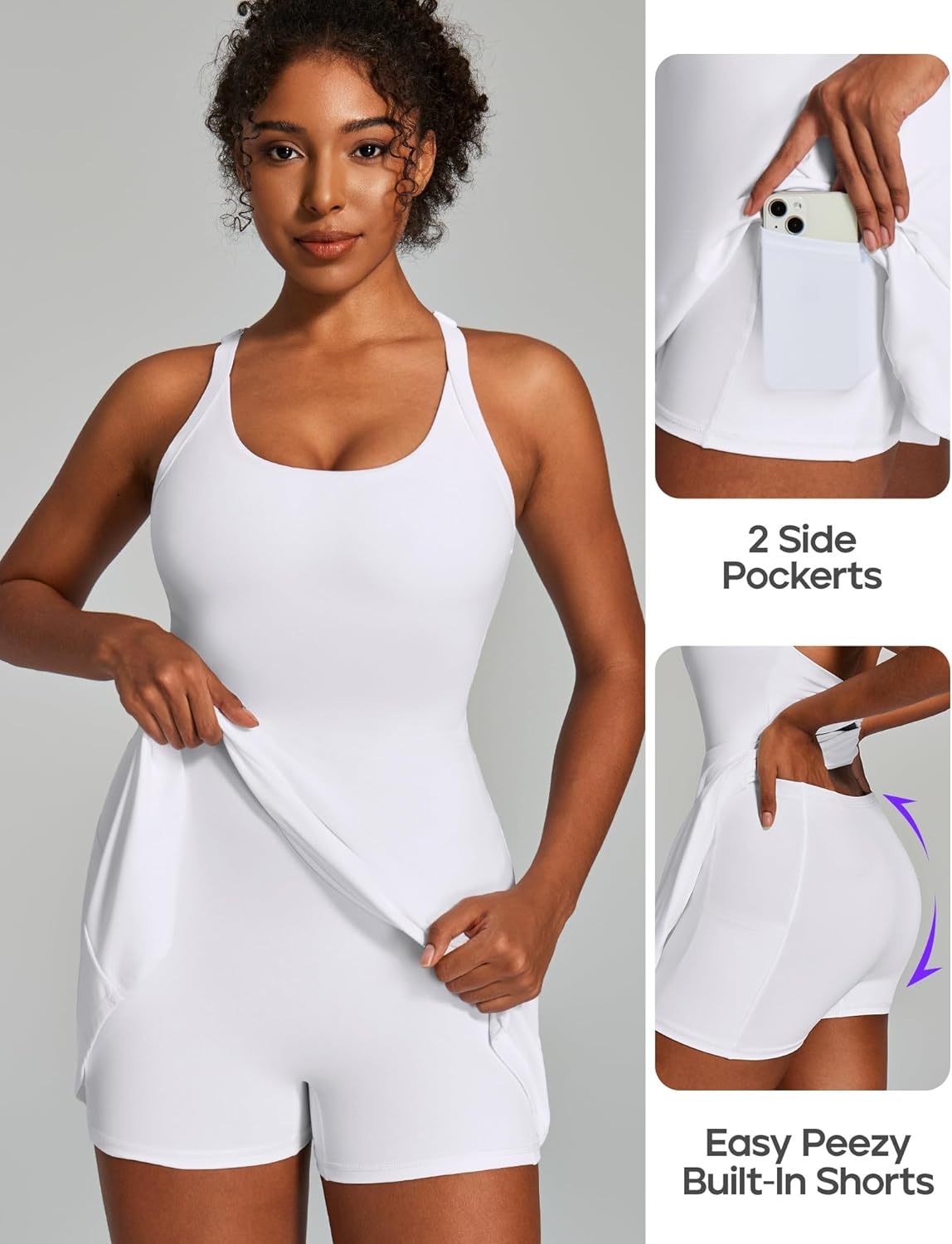 image:imageHeathyoga Easy Peasy Tennis Dresses for Women with Shorts Underneath and Bra Athletic Dress for Women Golf Workout DressEasy Peezy White