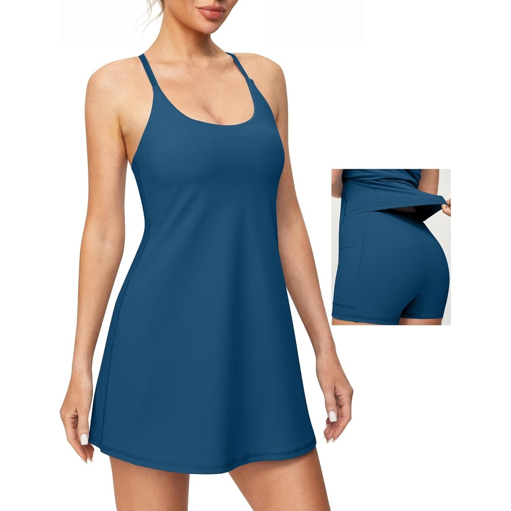 image:imageHeathyoga Womens Athletic Dress Easy Peasy Tennis Dress with Shorts Underneath Workout Active Golf Dresses for WomenIndigo