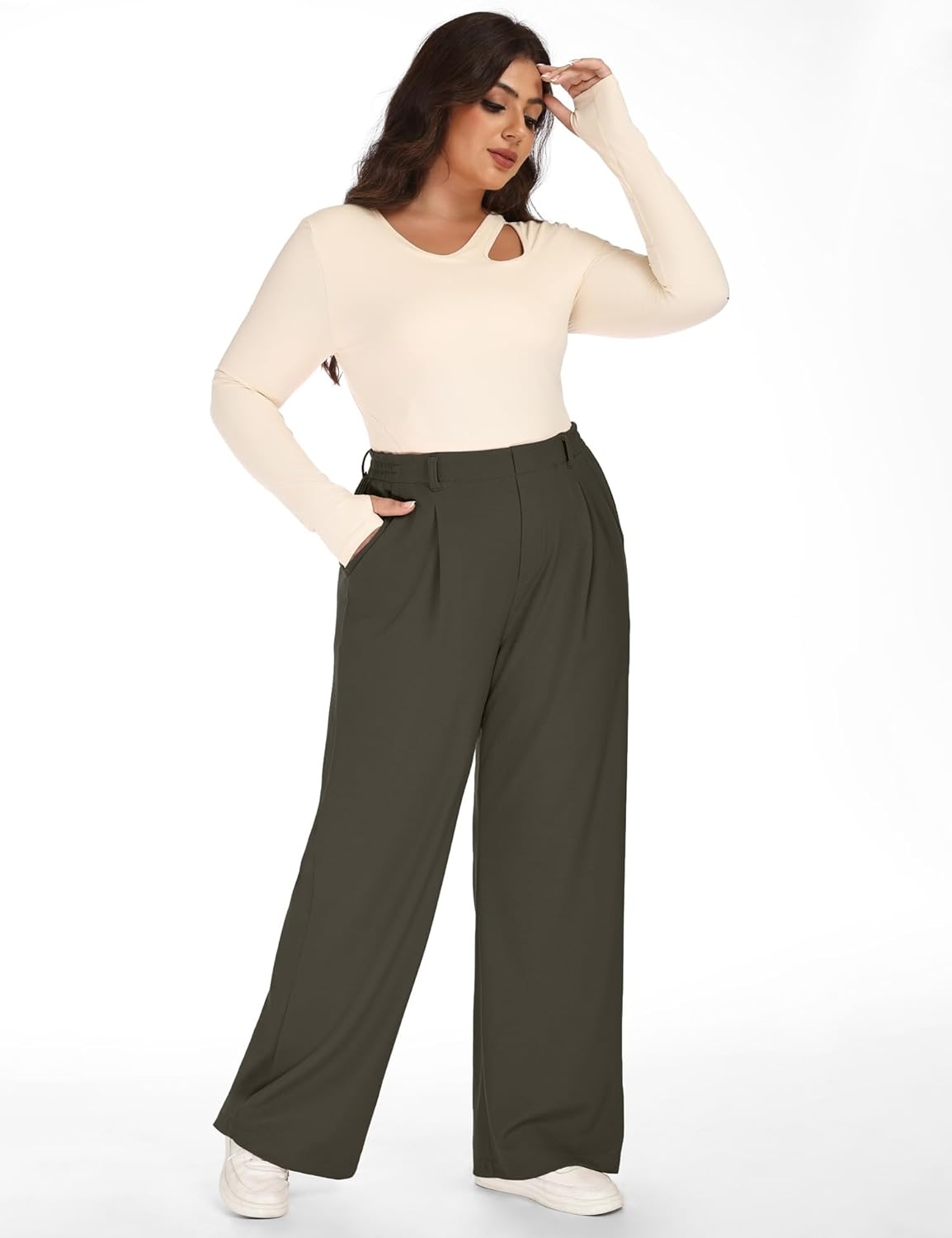 image:imageHeathyoga 1X5X Plus Size Stretchy Work Pants Women Pull on Womens Dress Pants Business Casual Outfits Slacks for WomenOlive Green