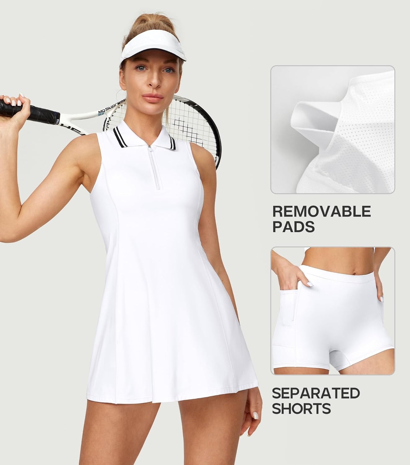 image:imageHeathyoga Athletic Dress for Women Golf Dresses for Women Tennis Dress with Shorts Underneath for Workout Active with PocketsWhite