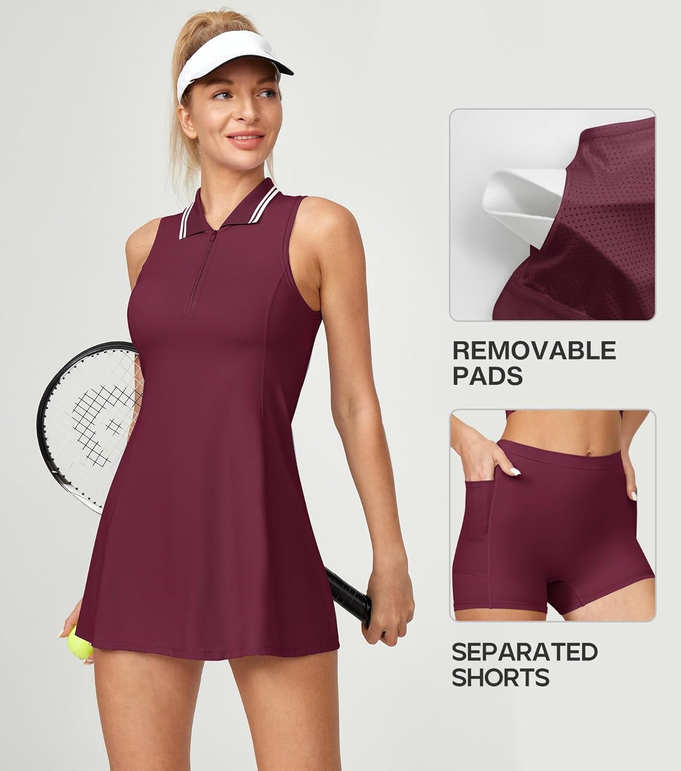 image:imageHeathyoga Athletic Dress for Women Golf Dresses for Women Tennis Dress with Shorts Underneath for Workout Active with PocketsWine