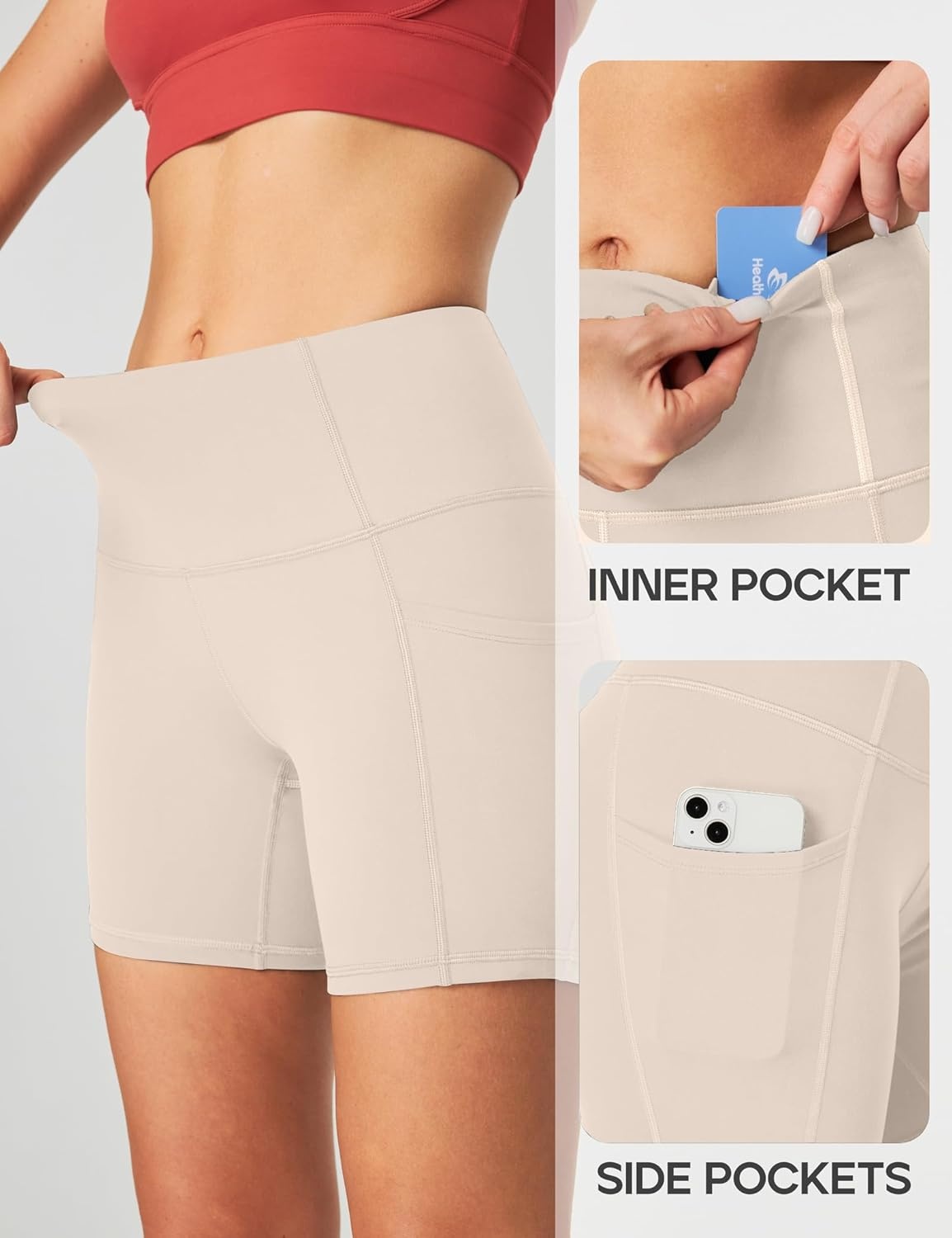 image:imageHeathyoga Biker Shorts Women Tummy Control 5 Workout Shorts Women with Pockets High Waisted Spandex Short for Gym YogaBeige
