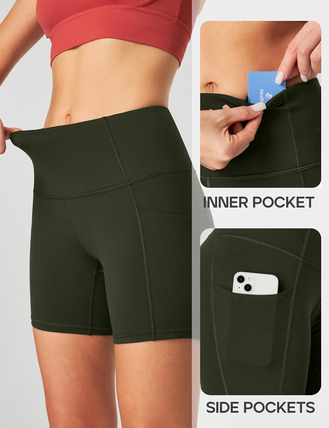 image:imageHeathyoga Biker Shorts Women Tummy Control 5 Workout Shorts Women with Pockets High Waisted Spandex Short for Gym YogaBlack Olive Green