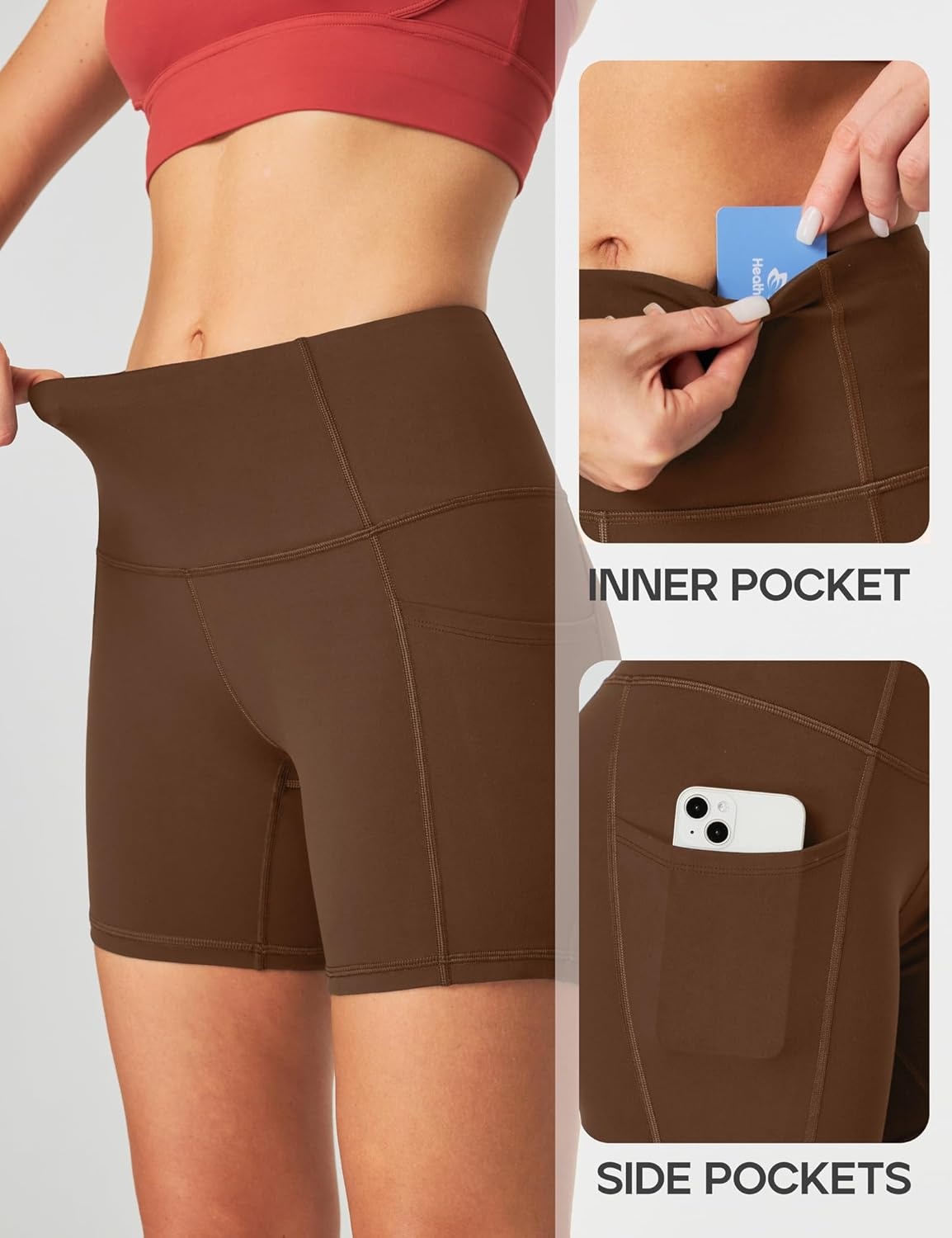 image:imageHeathyoga Biker Shorts Women Tummy Control 5 Workout Shorts Women with Pockets High Waisted Spandex Short for Gym YogaBrown
