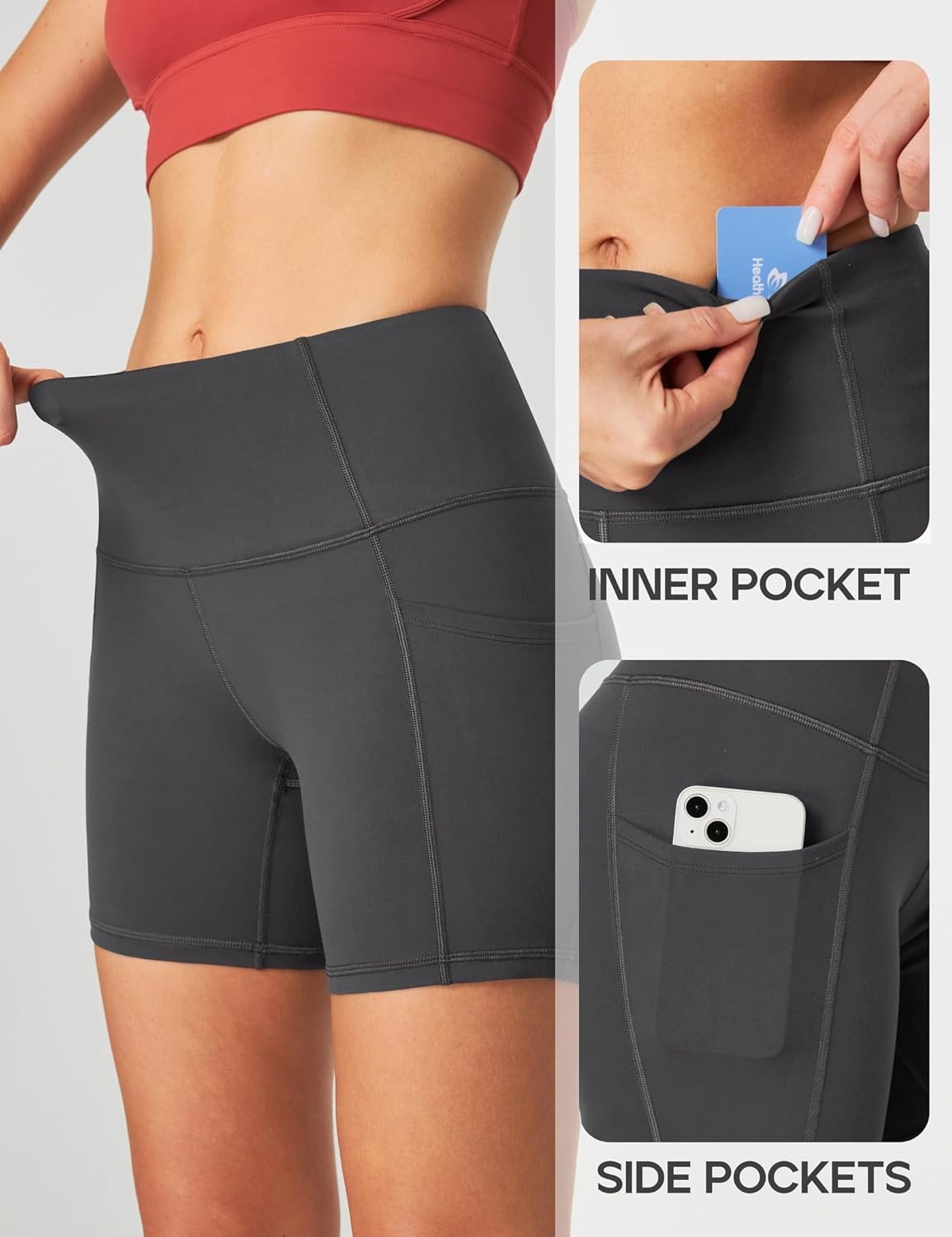 image:imageHeathyoga Biker Shorts Women Tummy Control 5 Workout Shorts Women with Pockets High Waisted Spandex Short for Gym YogaGray