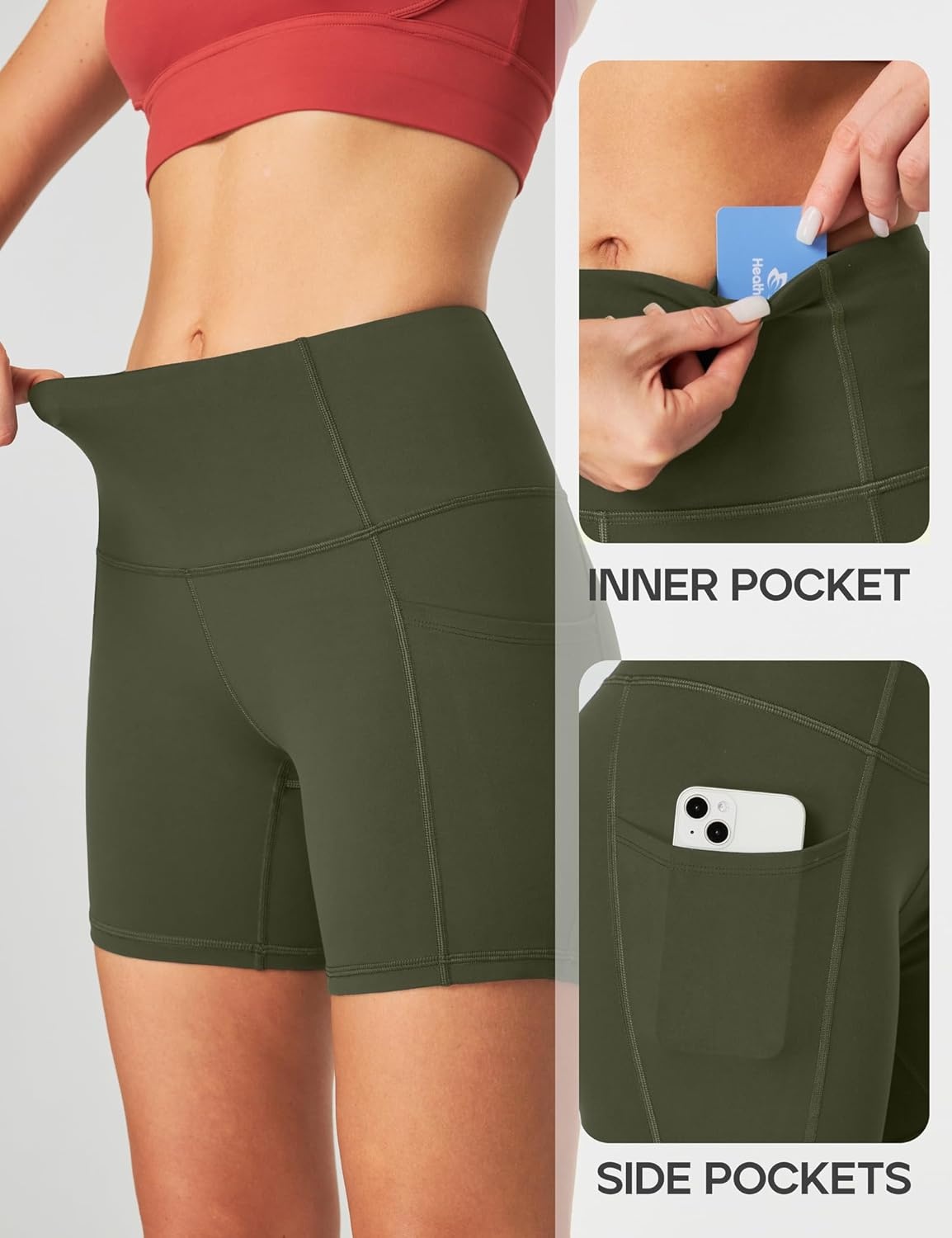 image:imageHeathyoga Biker Shorts Women Tummy Control 5 Workout Shorts Women with Pockets High Waisted Spandex Short for Gym YogaOlive Green