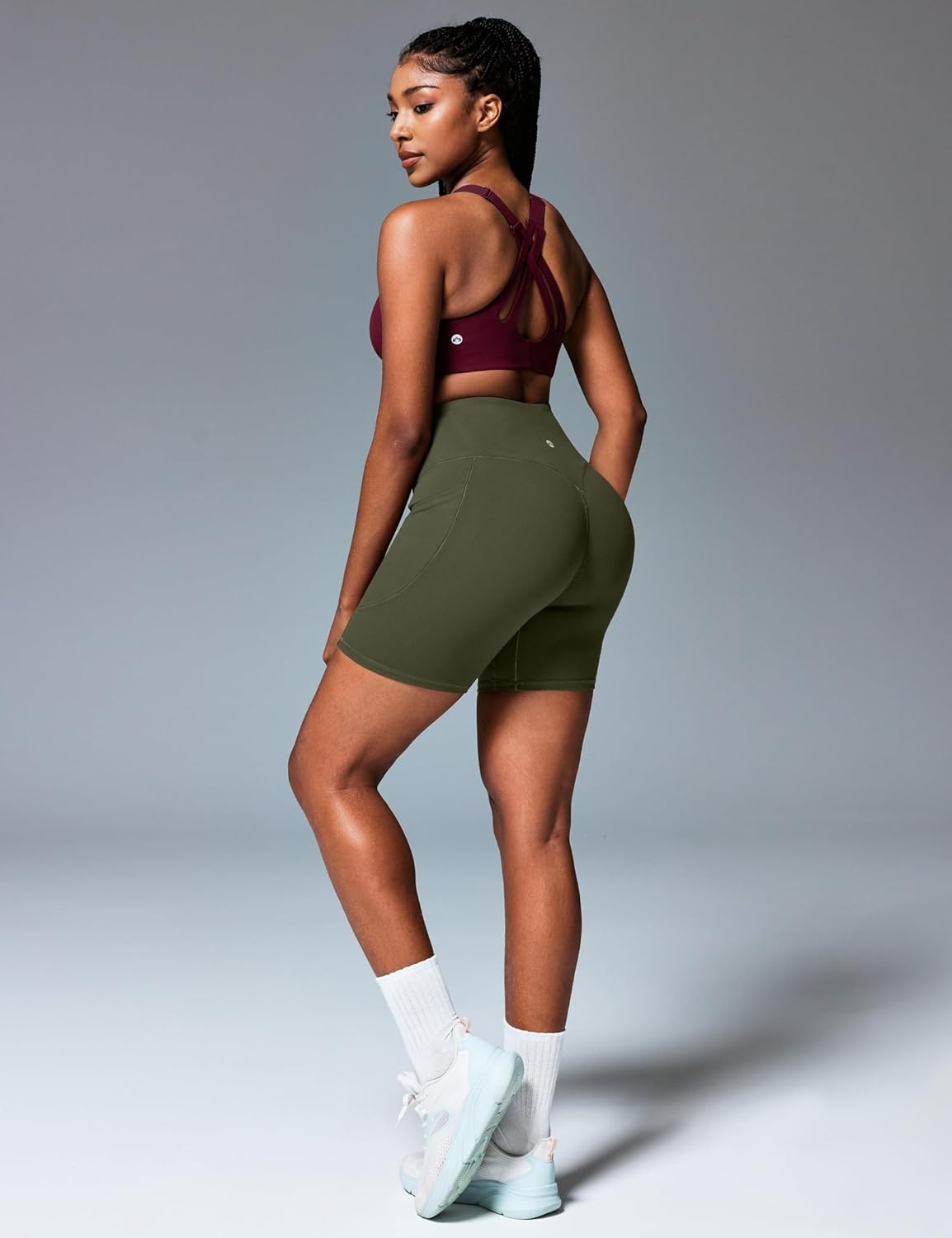 image:imageHeathyoga Biker Shorts Women Tummy Control 6 Butt Lifting Workout Shorts with Pockets Compression Yoga Shorts Spandex GymOlive Green
