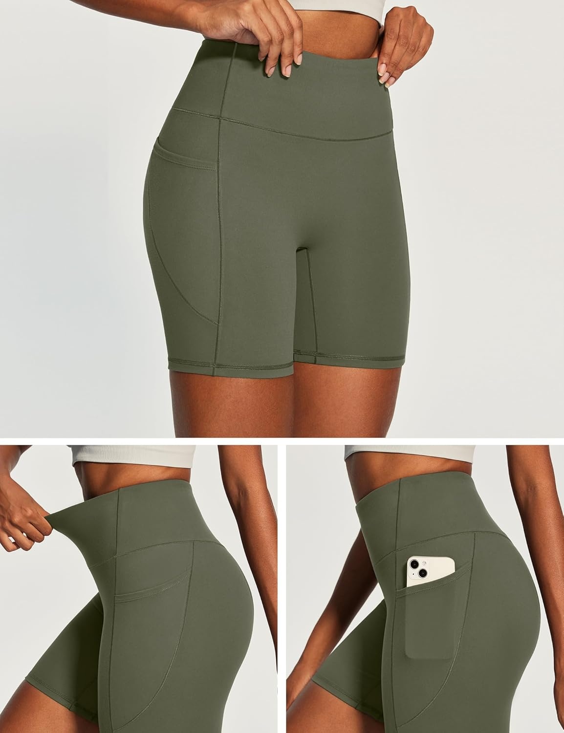 image:imageHeathyoga Biker Shorts Women Tummy Control 6 Butt Lifting Workout Shorts with Pockets Compression Yoga Shorts Spandex GymOlive Green