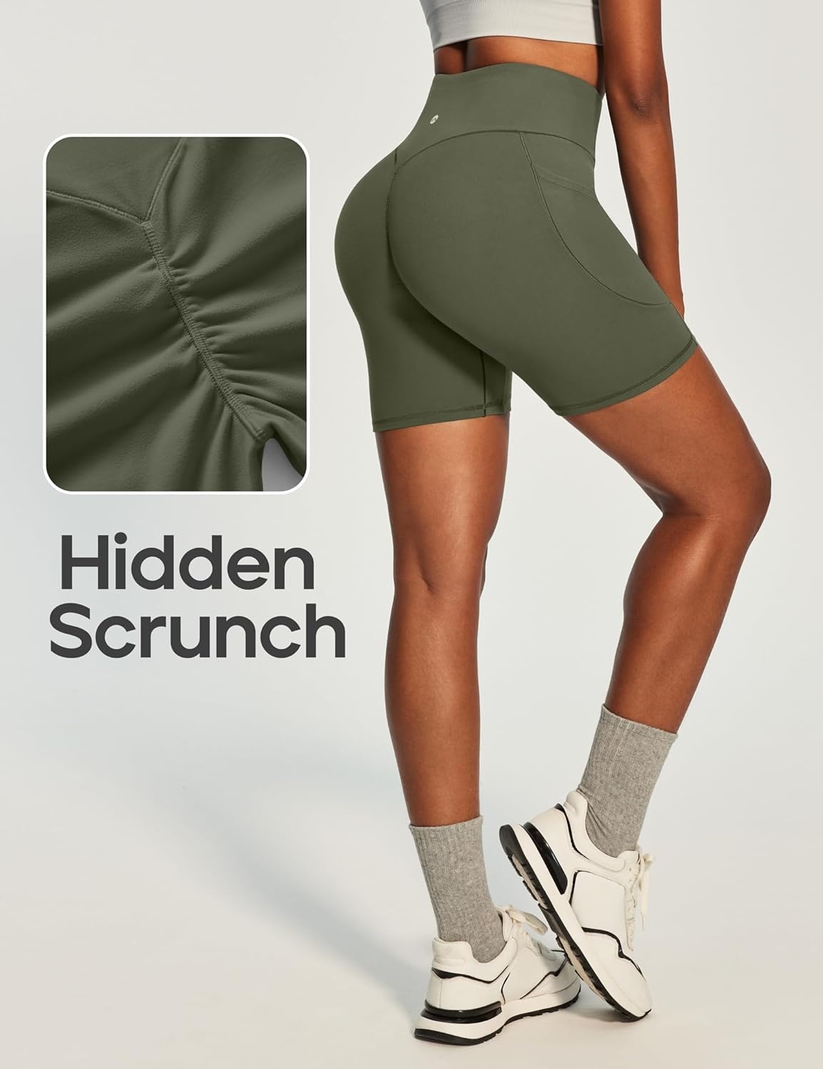 image:imageHeathyoga Biker Shorts Women Tummy Control 6 Butt Lifting Workout Shorts with Pockets Compression Yoga Shorts Spandex GymOlive Green
