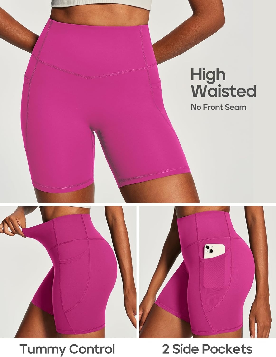 image:imageHeathyoga Butt Lifting Biker Shorts Women Tummy Control 6 Workout Shorts with Pockets Compression Yoga Shorts Spandex GymHot Pink