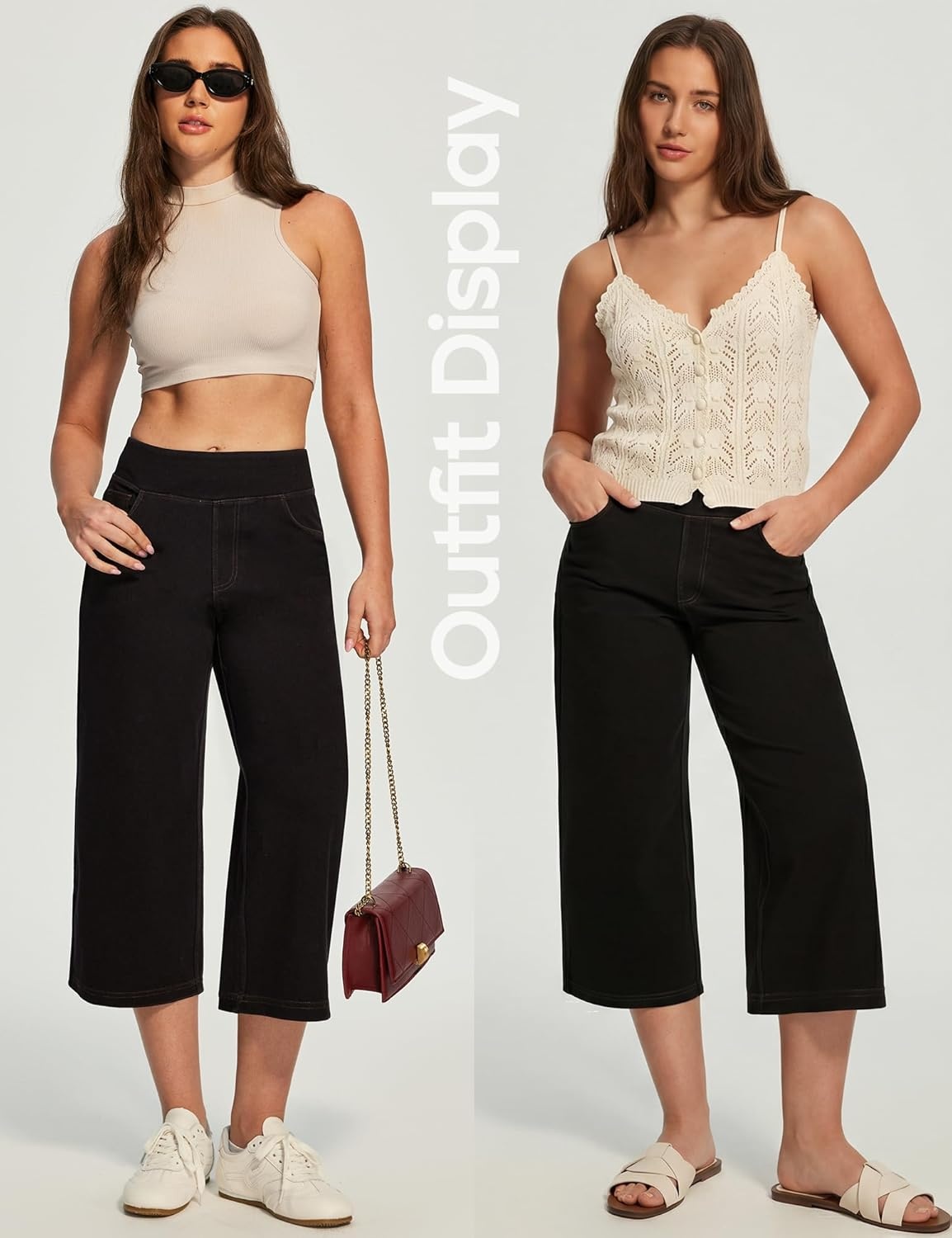 image:imageHeathyoga Capri Jeans for Women Stretchy High Waisted Denim Capris for Women Pull On Cropped Jeans Wide Leg Capri PantsBlack