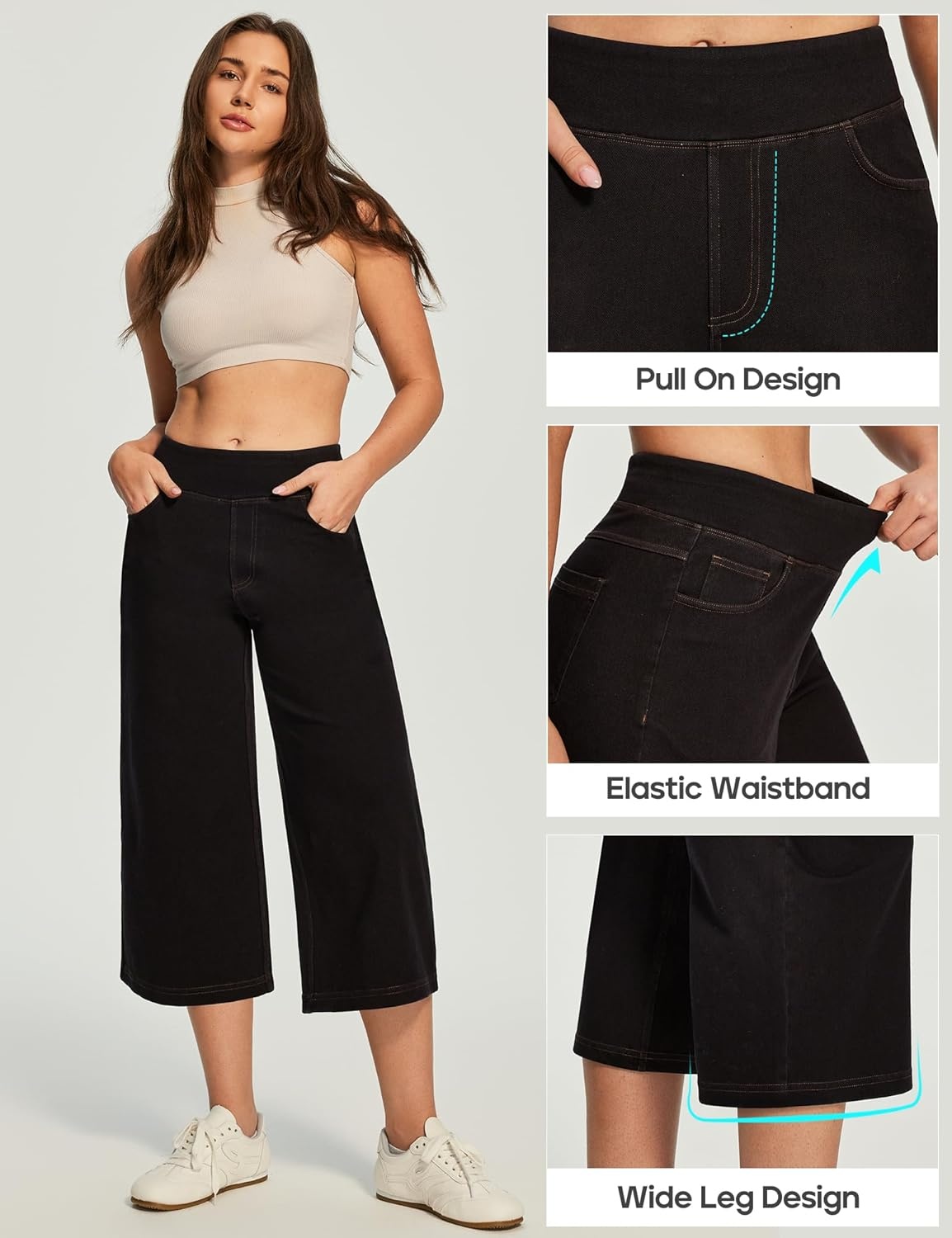 image:imageHeathyoga Capri Jeans for Women Stretchy High Waisted Denim Capris for Women Pull On Cropped Jeans Wide Leg Capri PantsBlack