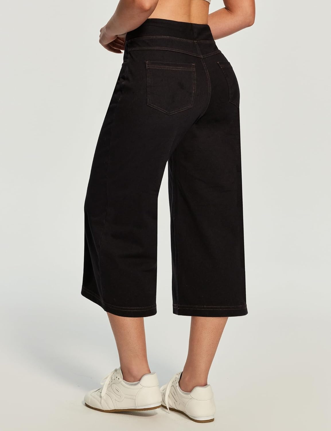 image:imageHeathyoga Capri Jeans for Women Stretchy High Waisted Denim Capris for Women Pull On Cropped Jeans Wide Leg Capri PantsBlack