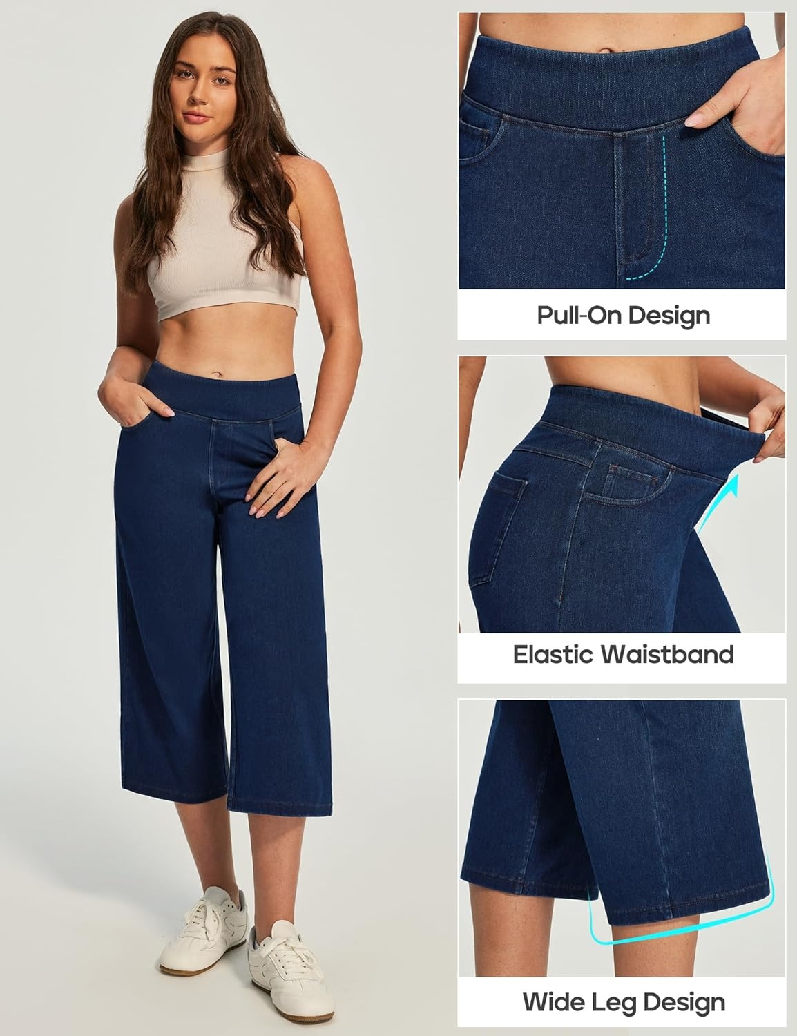 image:imageHeathyoga Capri Jeans for Women Stretchy High Waisted Denim Capris for Women Pull On Cropped Jeans Wide Leg Capri PantsDark Blue