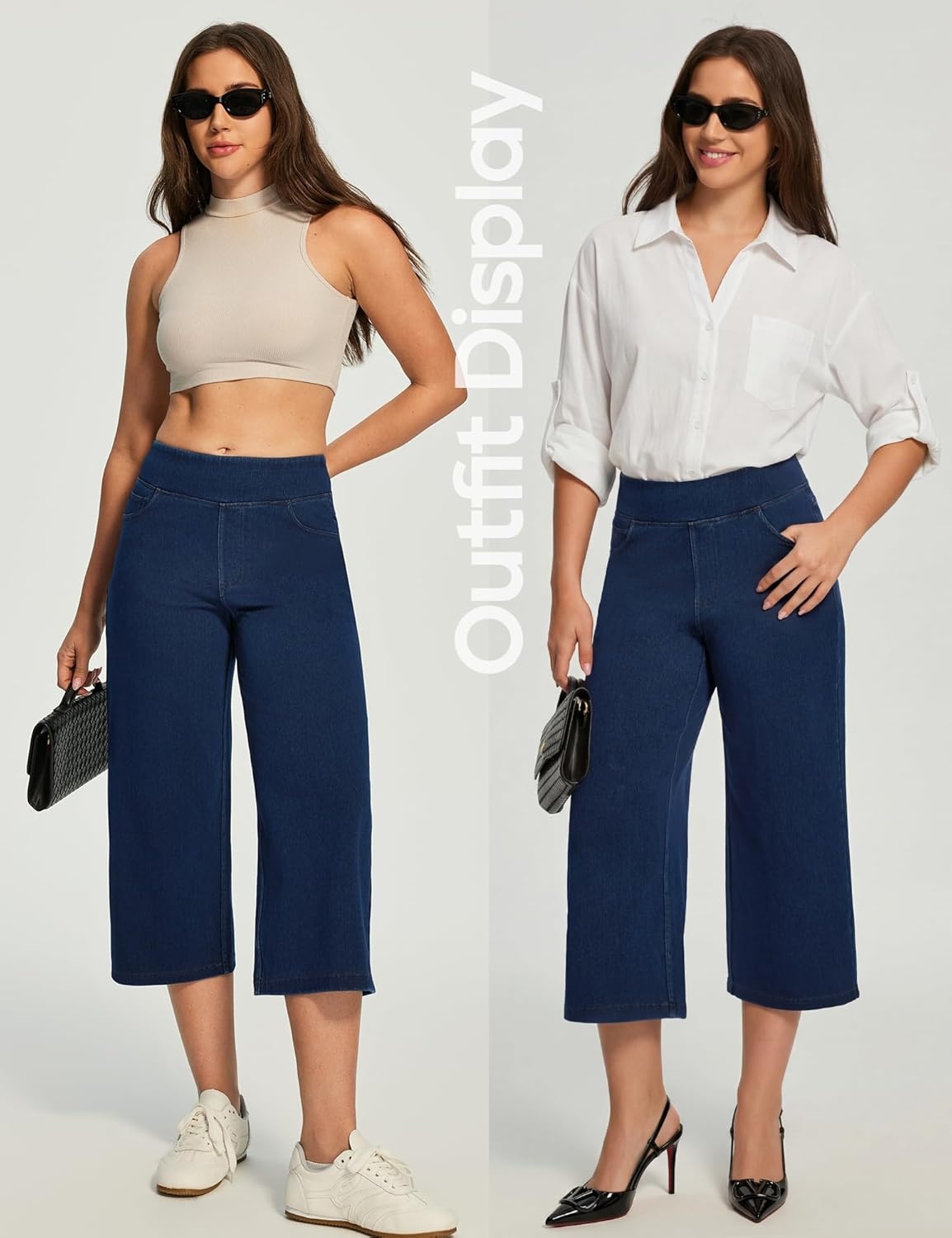 image:imageHeathyoga Capri Jeans for Women Stretchy High Waisted Denim Capris for Women Pull On Cropped Jeans Wide Leg Capri PantsDark Blue