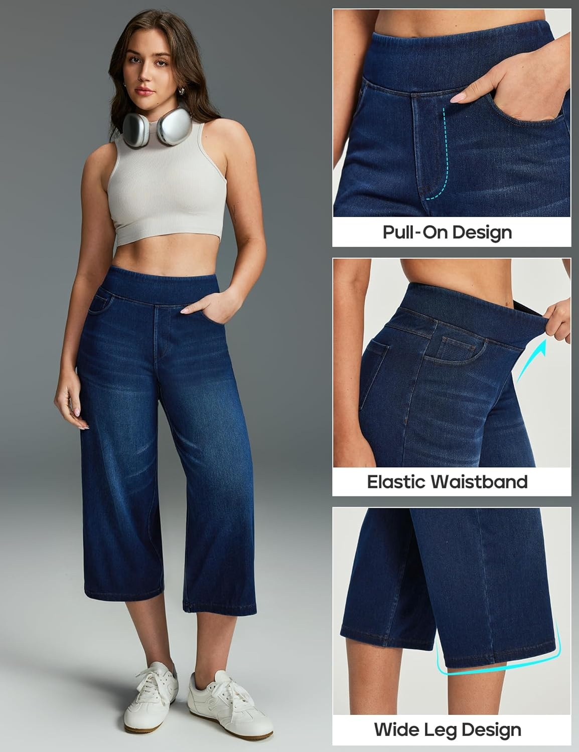 image:imageHeathyoga Capri Jeans for Women Stretchy High Waisted Denim Capris for Women Pull On Cropped Jeans Wide Leg Capri PantsDark Wash Blue