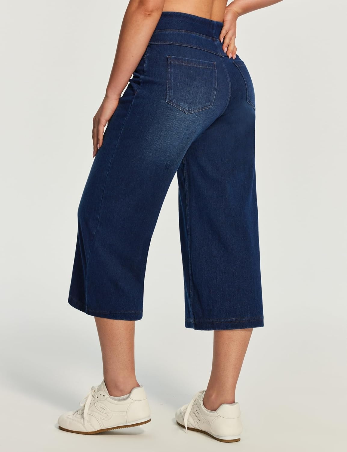 image:imageHeathyoga Capri Jeans for Women Stretchy High Waisted Denim Capris for Women Pull On Cropped Jeans Wide Leg Capri PantsDark Wash Blue