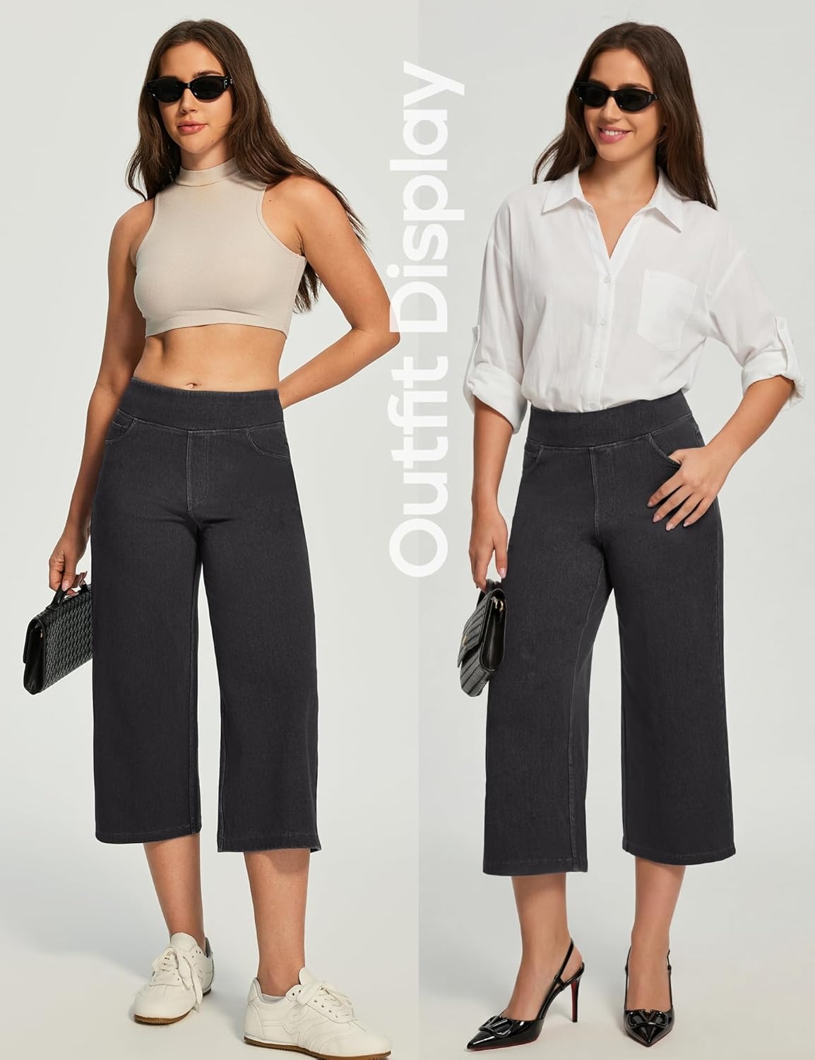 image:imageHeathyoga Capri Jeans for Women Stretchy High Waisted Denim Capris for Women Pull On Cropped Jeans Wide Leg Capri PantsGrey