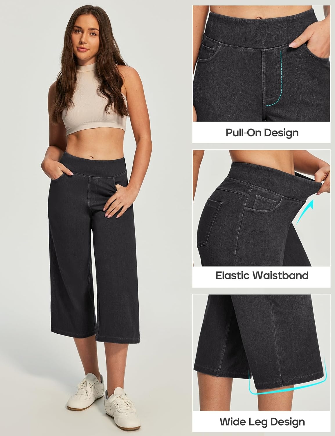 image:imageHeathyoga Capri Jeans for Women Stretchy High Waisted Denim Capris for Women Pull On Cropped Jeans Wide Leg Capri PantsGrey