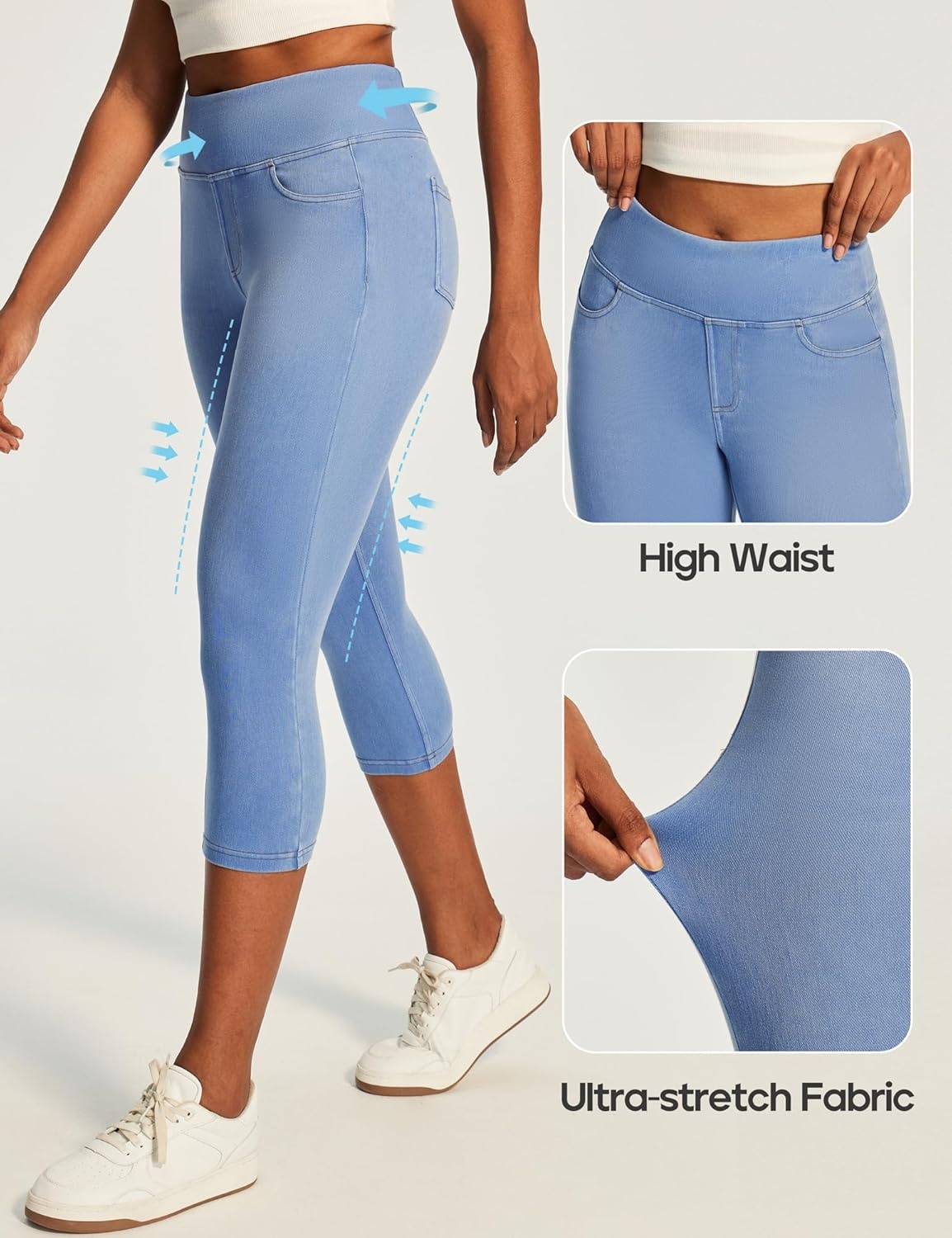image:imageHeathyoga Capri Jeans for Women Stretchy Pull On Jeggings for Women Denim Jean Capris Pants Capri Leggings with PocketsBaby Blue