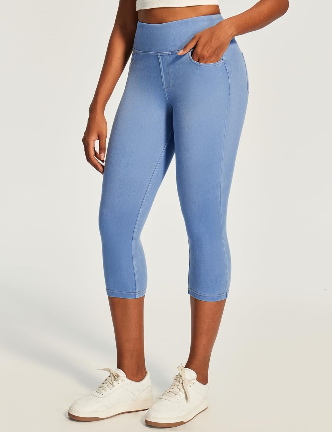image:imageHeathyoga Capri Jeans for Women Stretchy Pull On Jeggings for Women Denim Jean Capris Pants Capri Leggings with PocketsBaby Blue