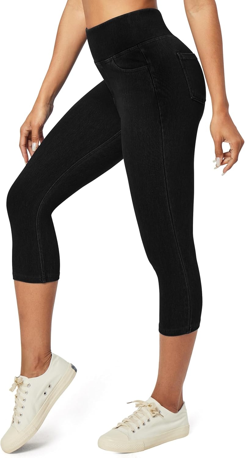 image:imageHeathyoga Capri Jeans for Women Stretchy Pull On Jeggings for Women Denim Jean Capris Pants Capri Leggings with PocketsBlack