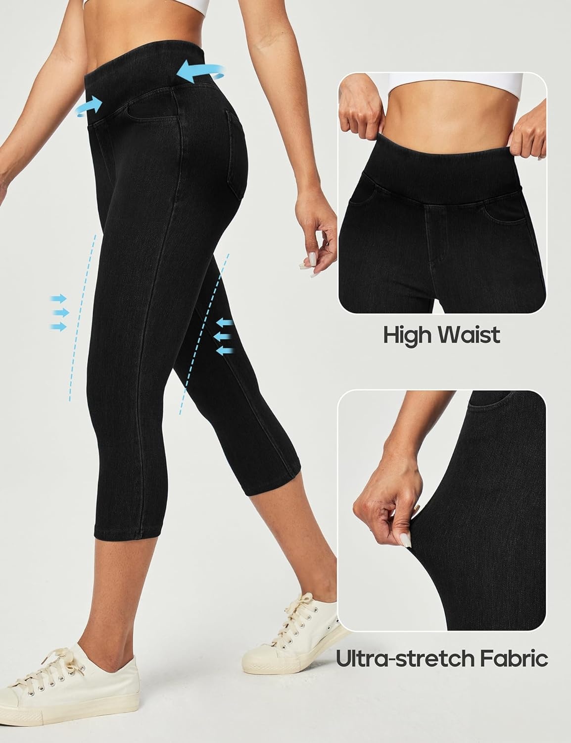 image:imageHeathyoga Capri Jeans for Women Stretchy Pull On Jeggings for Women Denim Jean Capris Pants Capri Leggings with PocketsBlack