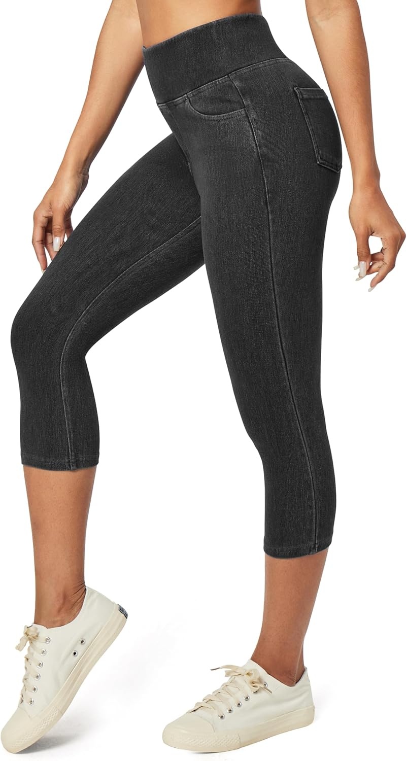 image:imageHeathyoga Capri Jeans for Women Stretchy Pull On Jeggings for Women Denim Jean Capris Pants Capri Leggings with PocketsGrey