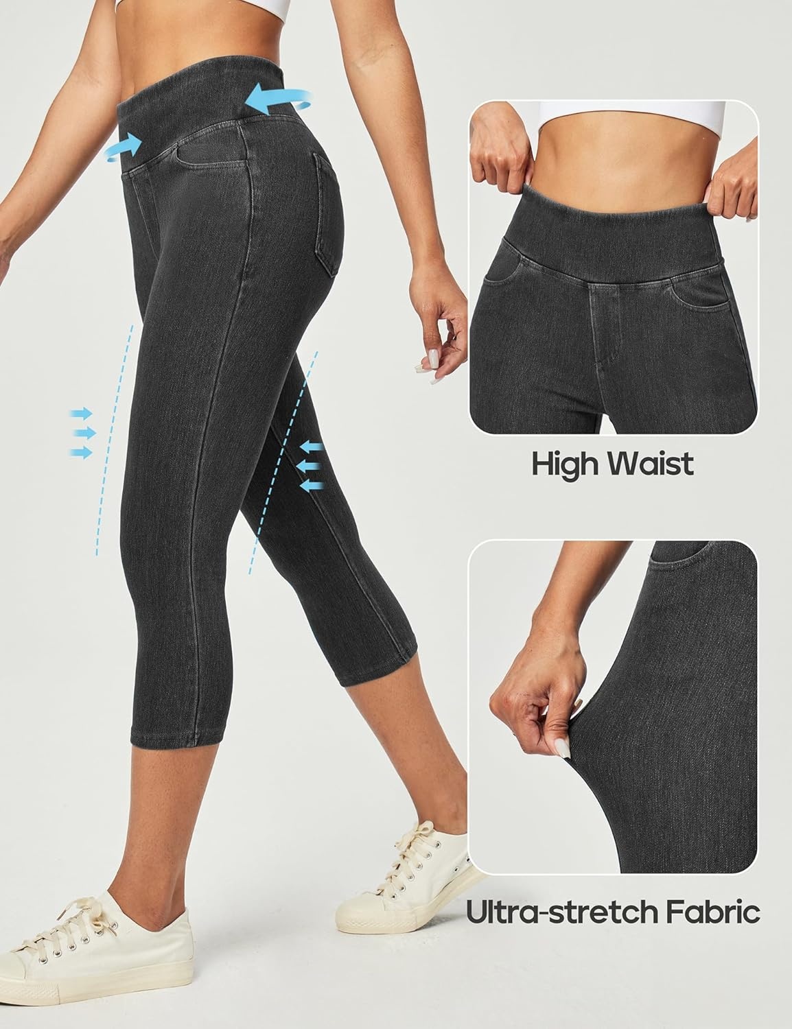 image:imageHeathyoga Capri Jeans for Women Stretchy Pull On Jeggings for Women Denim Jean Capris Pants Capri Leggings with PocketsGrey