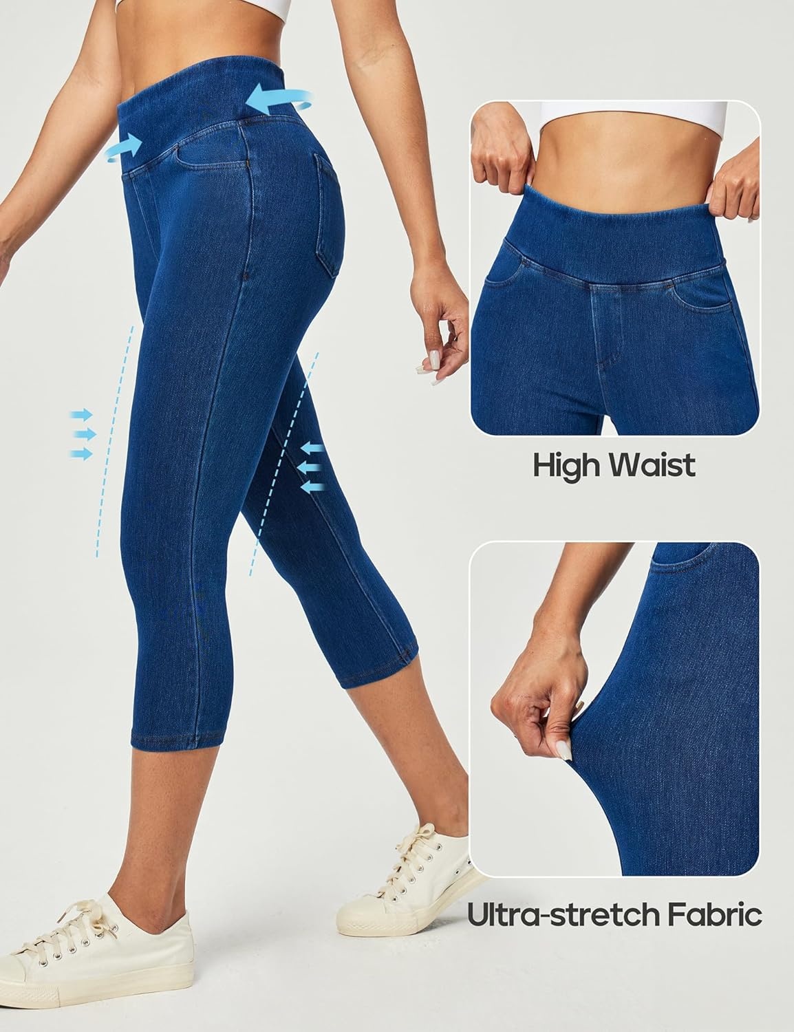 image:imageHeathyoga Capri Jeans for Women Stretchy Pull On Jeggings for Women Denim Jean Capris Pants Capri Leggings with PocketsLight Blue