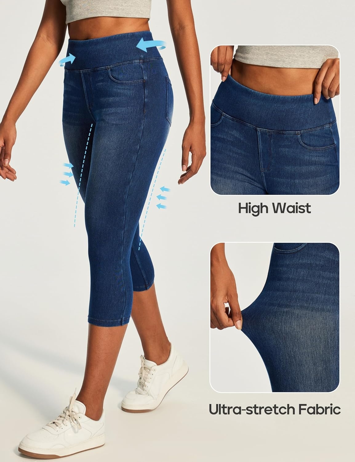 image:imageHeathyoga Capri Jeans for Women Stretchy Pull On Jeggings for Women Denim Jean Capris Pants Capri Leggings with PocketsRoyal Blue Denim