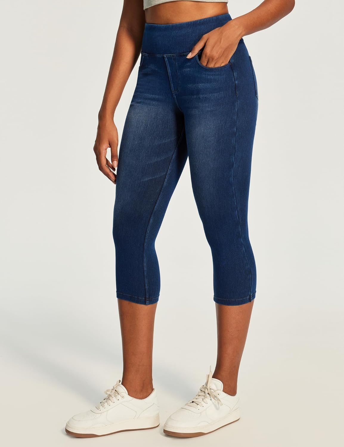 image:imageHeathyoga Capri Jeans for Women Stretchy Pull On Jeggings for Women Denim Jean Capris Pants Capri Leggings with PocketsRoyal Blue Denim