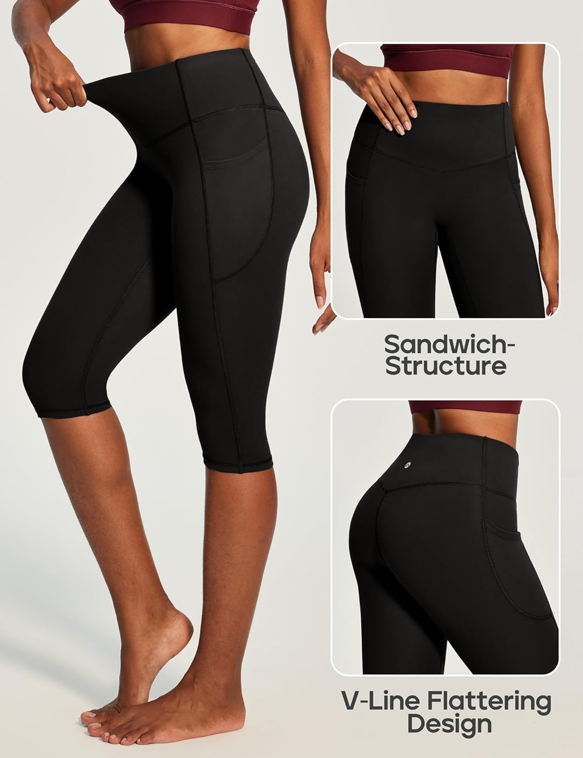 image:imageHeathyoga Capri Leggings with Pockets for Women Tummy Control Knee Length Leggings Yoga Pants Women Capri Pants WorkoutBlack